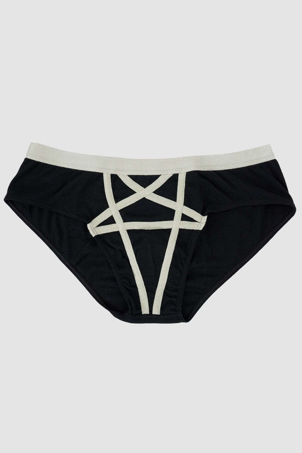 Pentagram Briefs in black and pearl from special edition of Highsnobiety x Rick Owens for "Not in Paris 4". Front view.