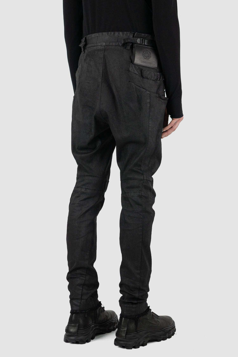 Side view of Black Waxed Denim Jeans for Men with adjustable straps, LEON LOUIS