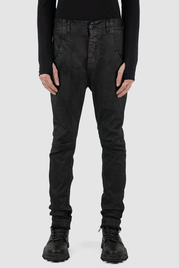 Front view of Black Waxed Denim Jeans for Men with adjustable straps, LEON LOUIS