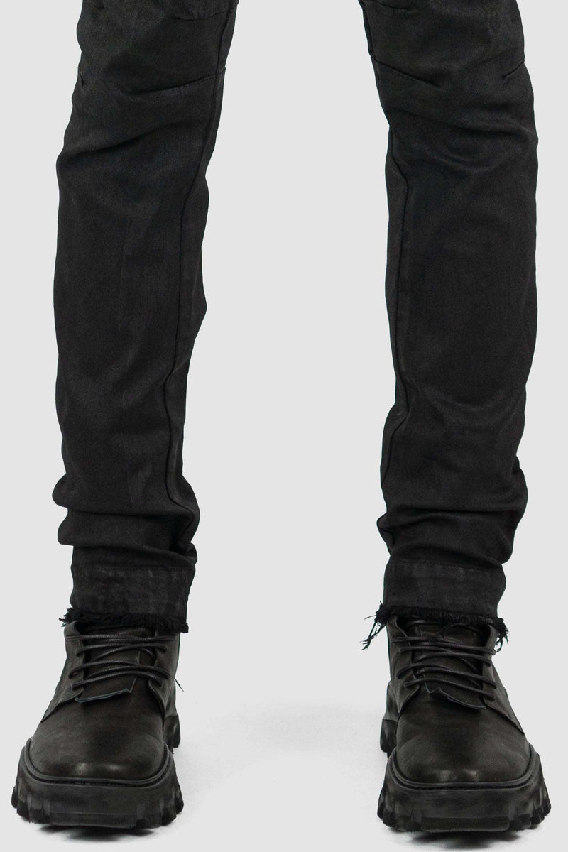 Detail view of Black Waxed Denim Jeans for Men with adjustable straps, LEON LOUIS