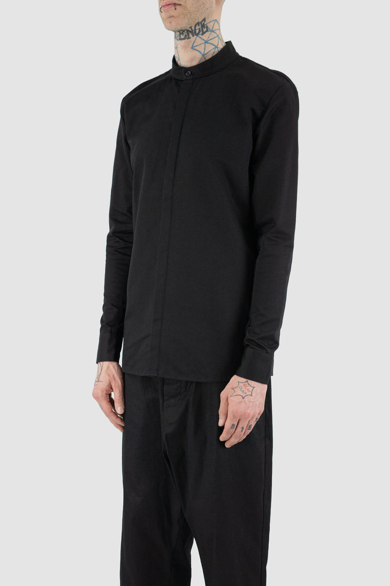 Side view of Black Short Blouse Shirt for Men with mandarin collar, FW23, NOMEN NESCIO