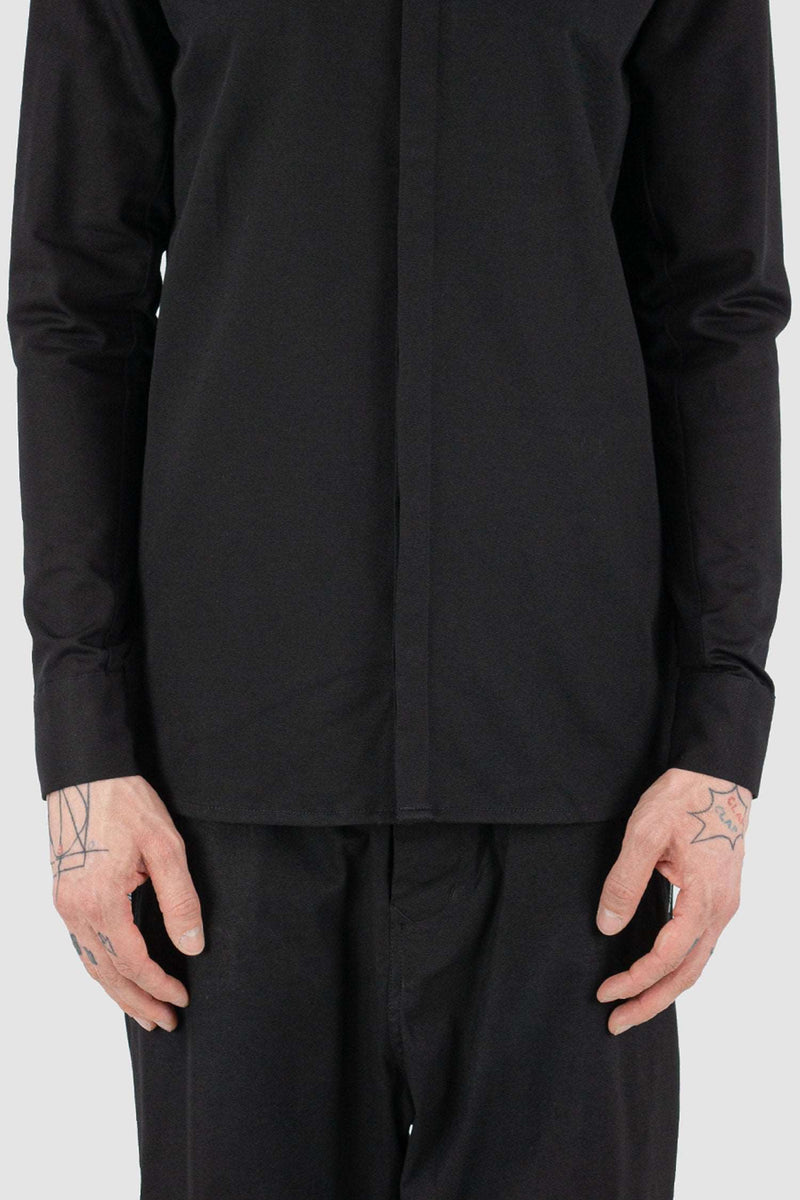 Close up view of Black Short Blouse Shirt for Men with mandarin collar, FW23, NOMEN NESCIO