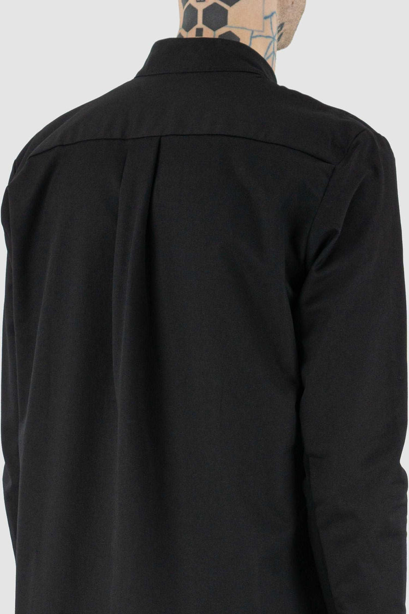 Detail view of Black Short Blouse Shirt for Men with mandarin collar, FW23, NOMEN NESCIO