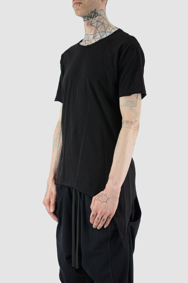 XCONCEPT Black Cotton T-Shirt - Men's FW23 Collection, Elongated Side Strap Detail, Round Neck, Row Top Side Strap Tee