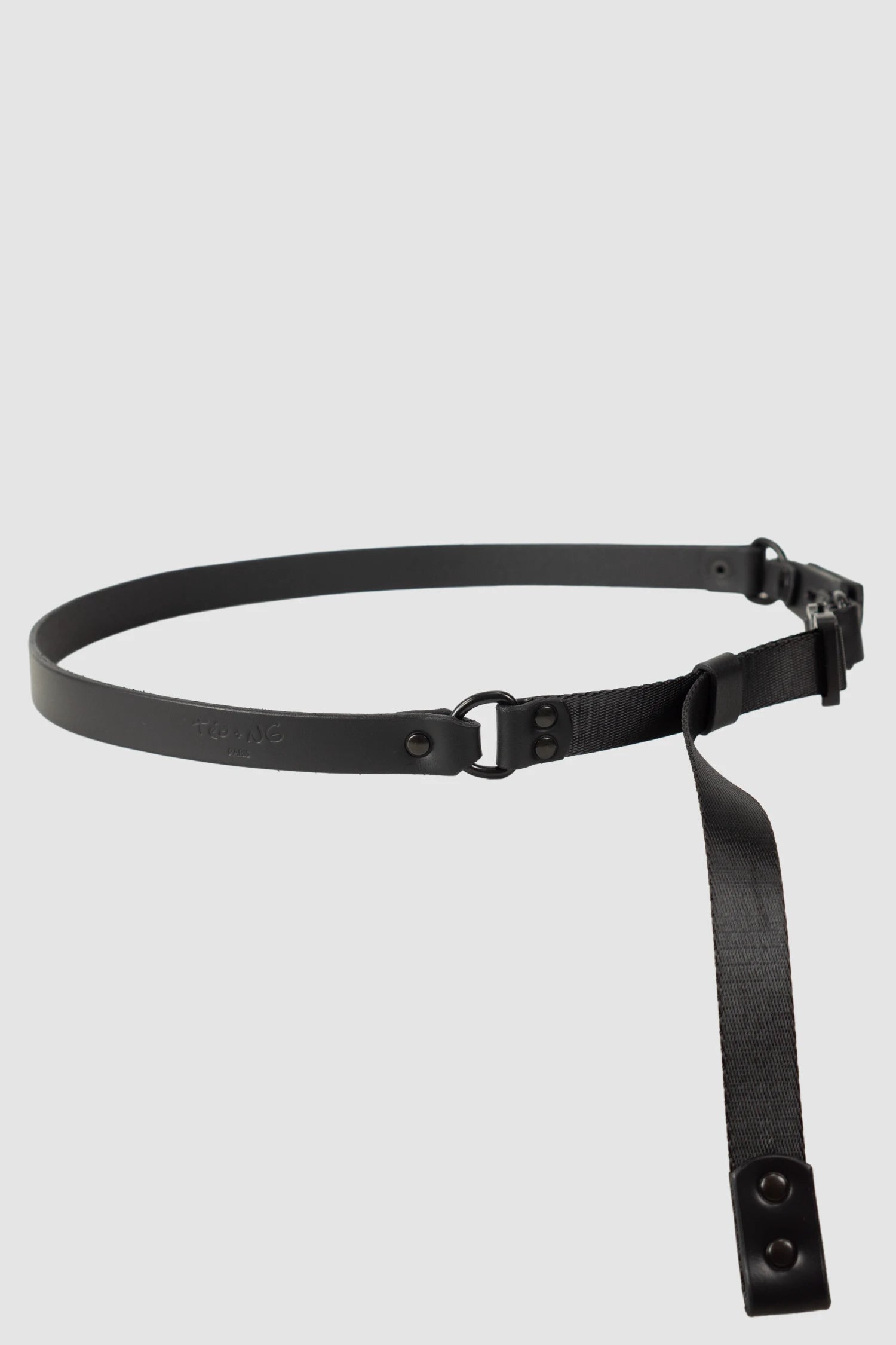 TEO NG - MEI - item front side view of men’s Black Leather Belt with Adjustable Nylon Strap