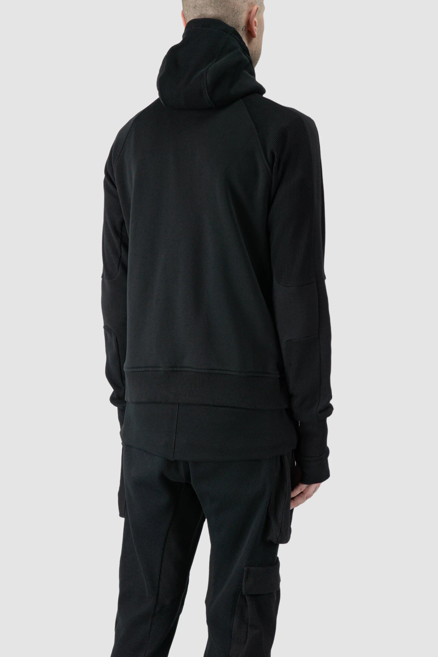 Thom Krom - model back side view of black Balaclava Zip-Up Cotton Hoodie - M-SJ-691