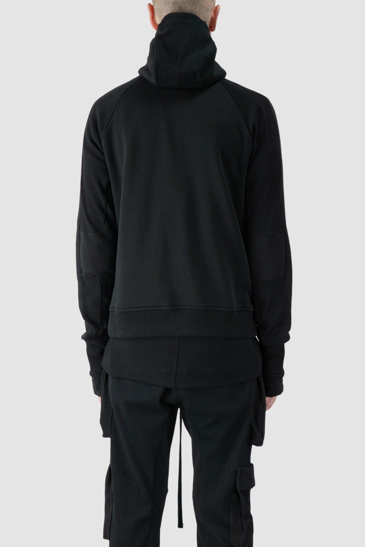 Thom Krom - model back view of black Balaclava Zip-Up Cotton Hoodie - M-SJ-691