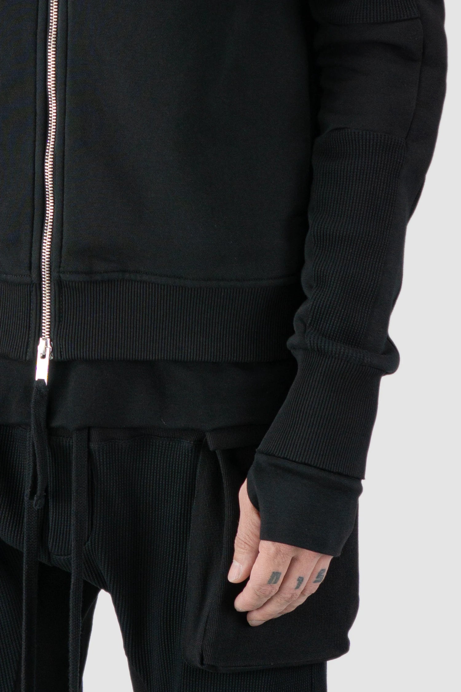 Thom Krom - model front detail view of black Balaclava Zip-Up Cotton Hoodie - M-SJ-691