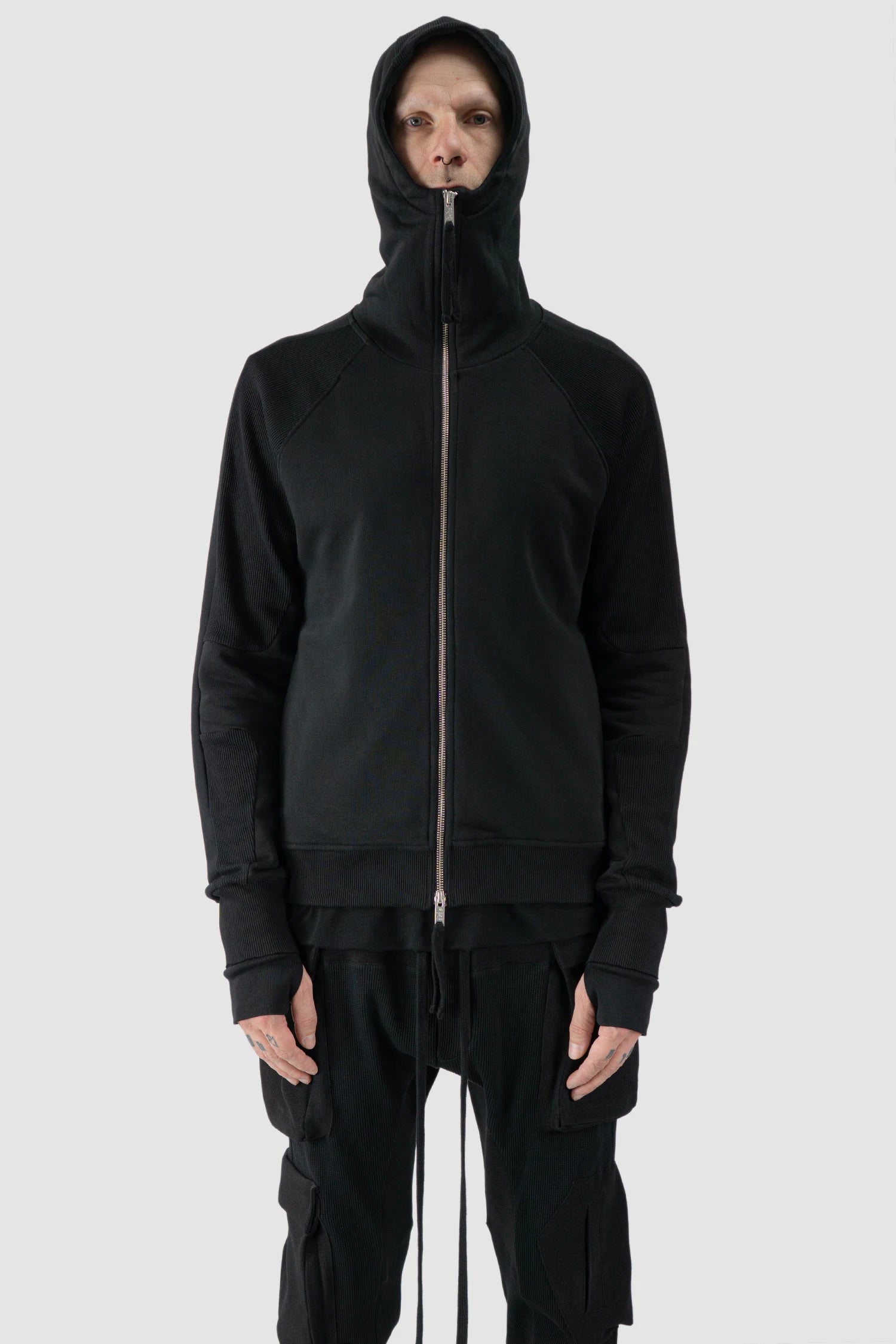 Thom Krom - model front hooded view of black Balaclava Zip-Up Cotton Hoodie - M-SJ-691