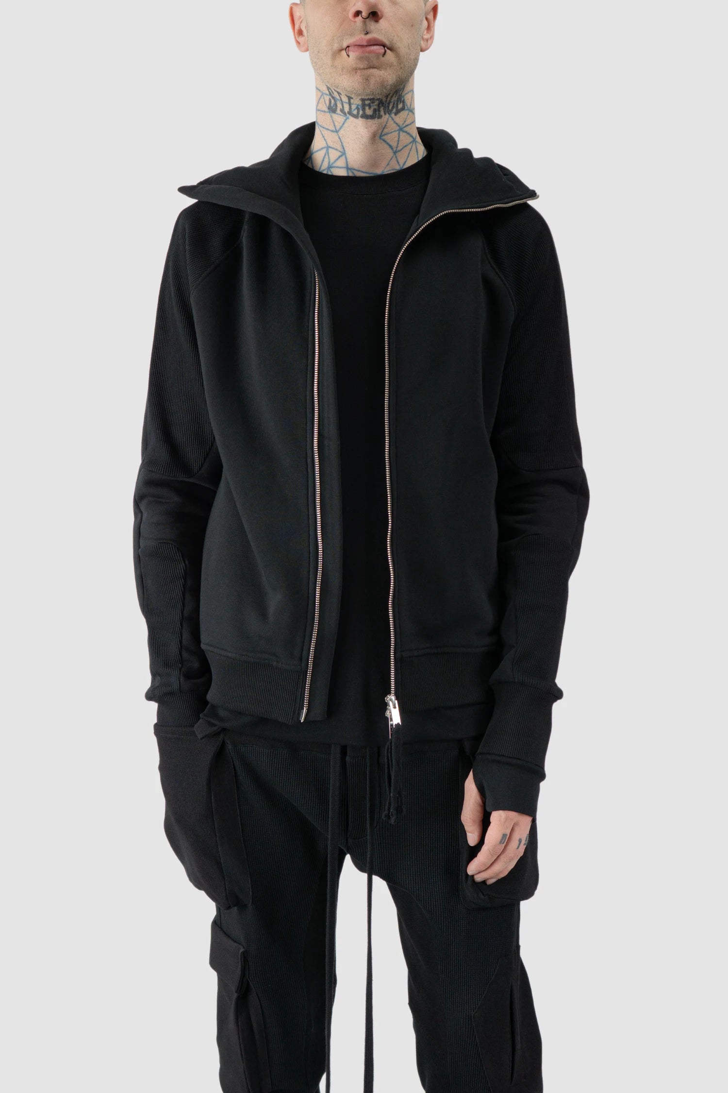 Thom Krom - model front open view of black Balaclava Zip-Up Cotton Hoodie - M-SJ-691