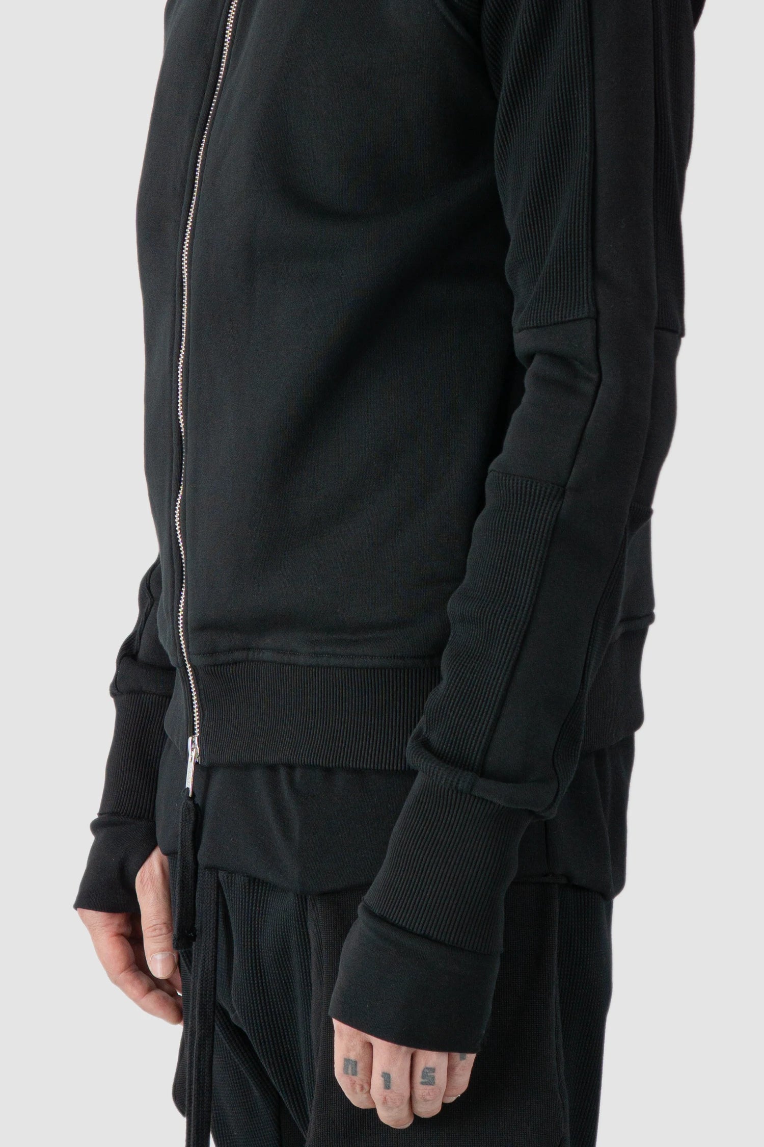 Thom Krom - model side detail view of black Balaclava Zip-Up Cotton Hoodie - M-SJ-691