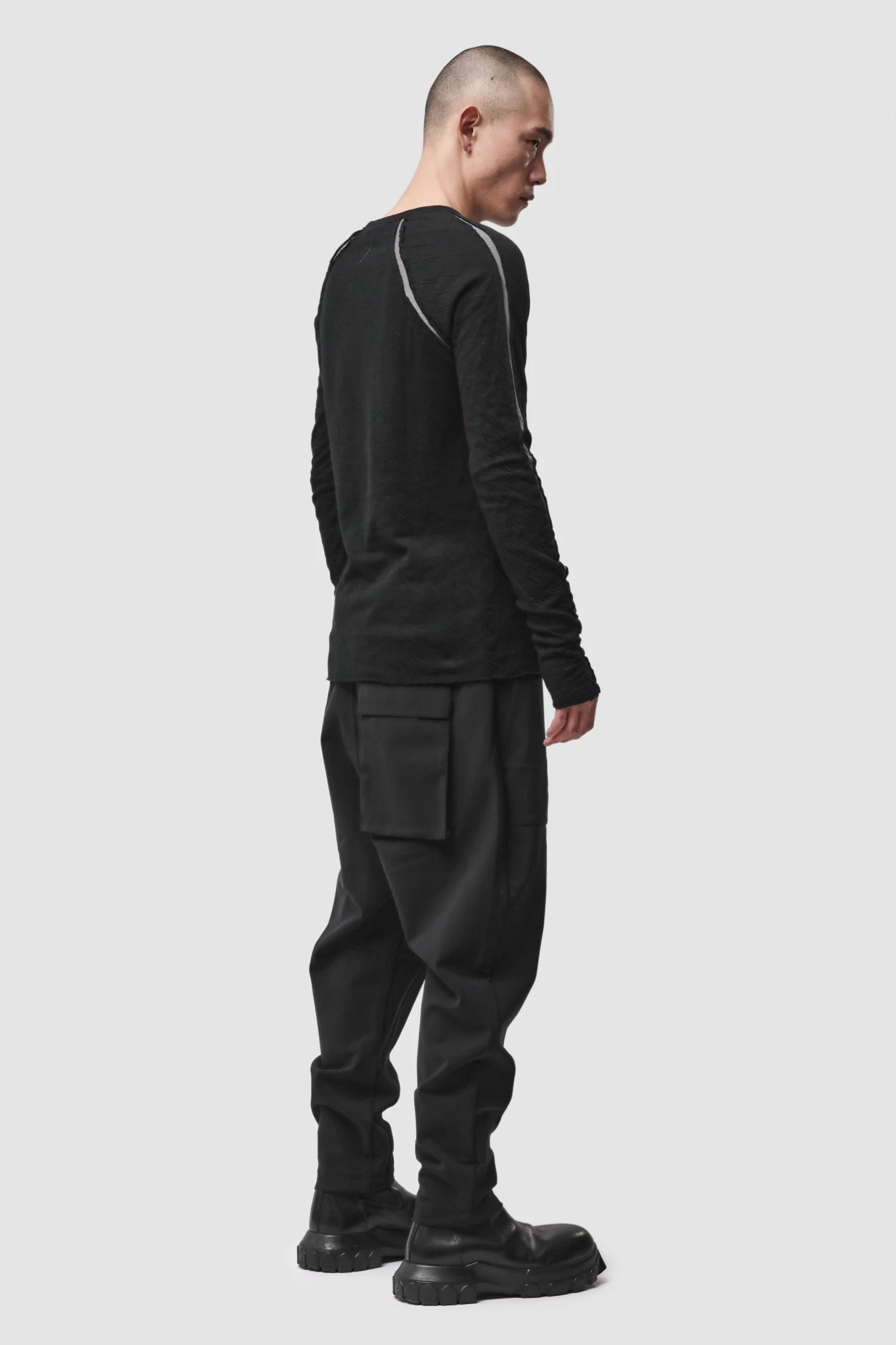 Thom Krom - Men’s Black Bonded Cotton Contrast Insert Long Sleeve M-TS-982 model full back view