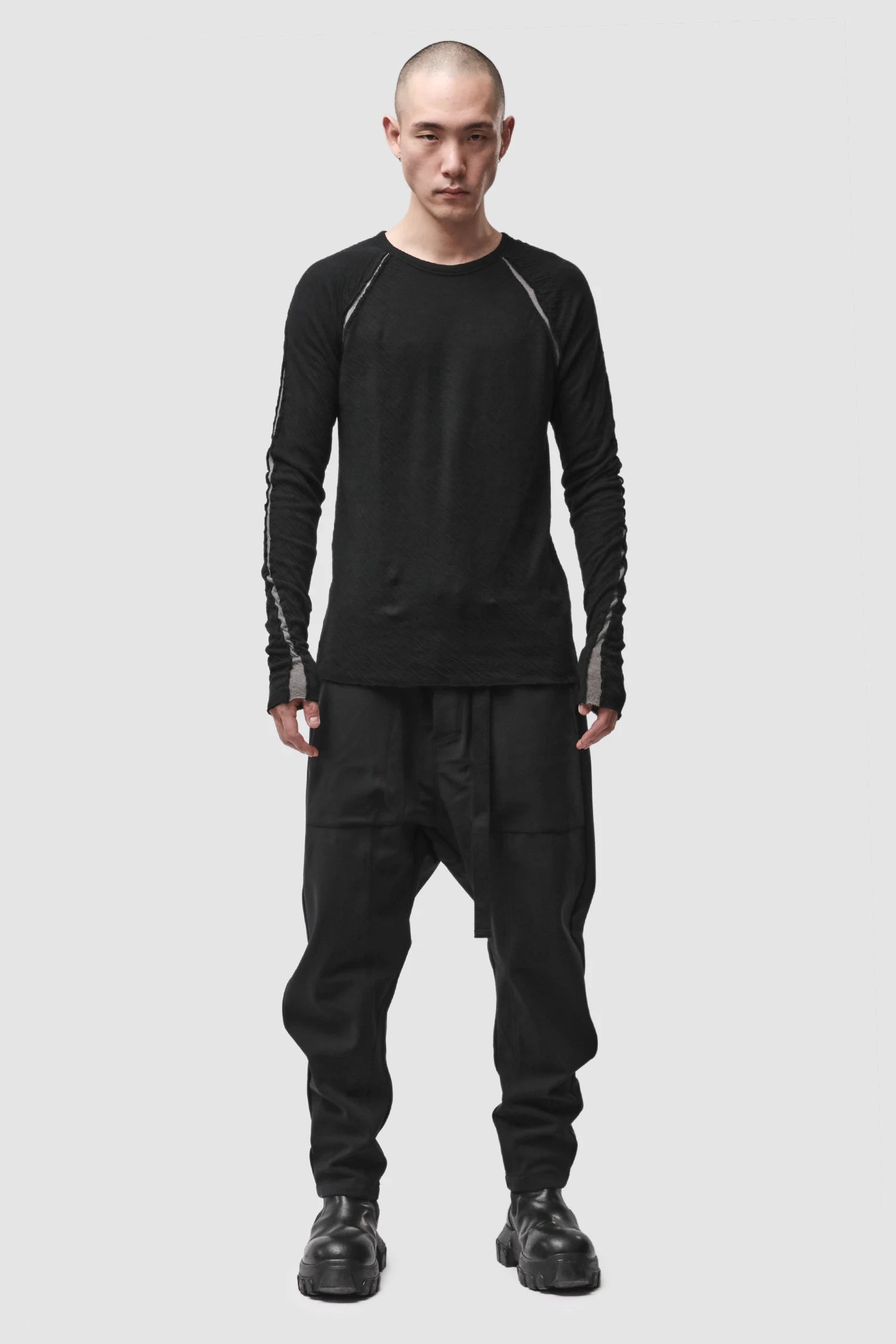 Thom Krom - Men’s Black Bonded Cotton Contrast Insert Long Sleeve M-TS-982 model full front view