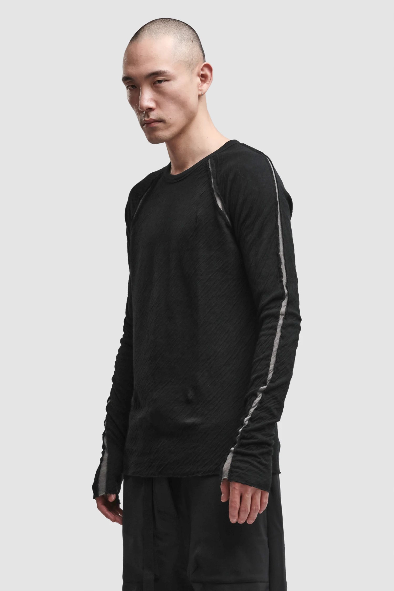 Thom Krom - Men’s Black Bonded Cotton Contrast Insert Long Sleeve M-TS-982 model side view