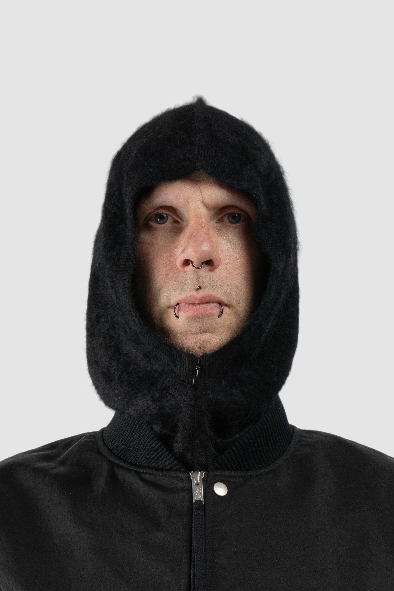 Thom Krom – Men's Black Cashmere Balaclava Zip Hood - model front view - MONO-KROM | Gallery