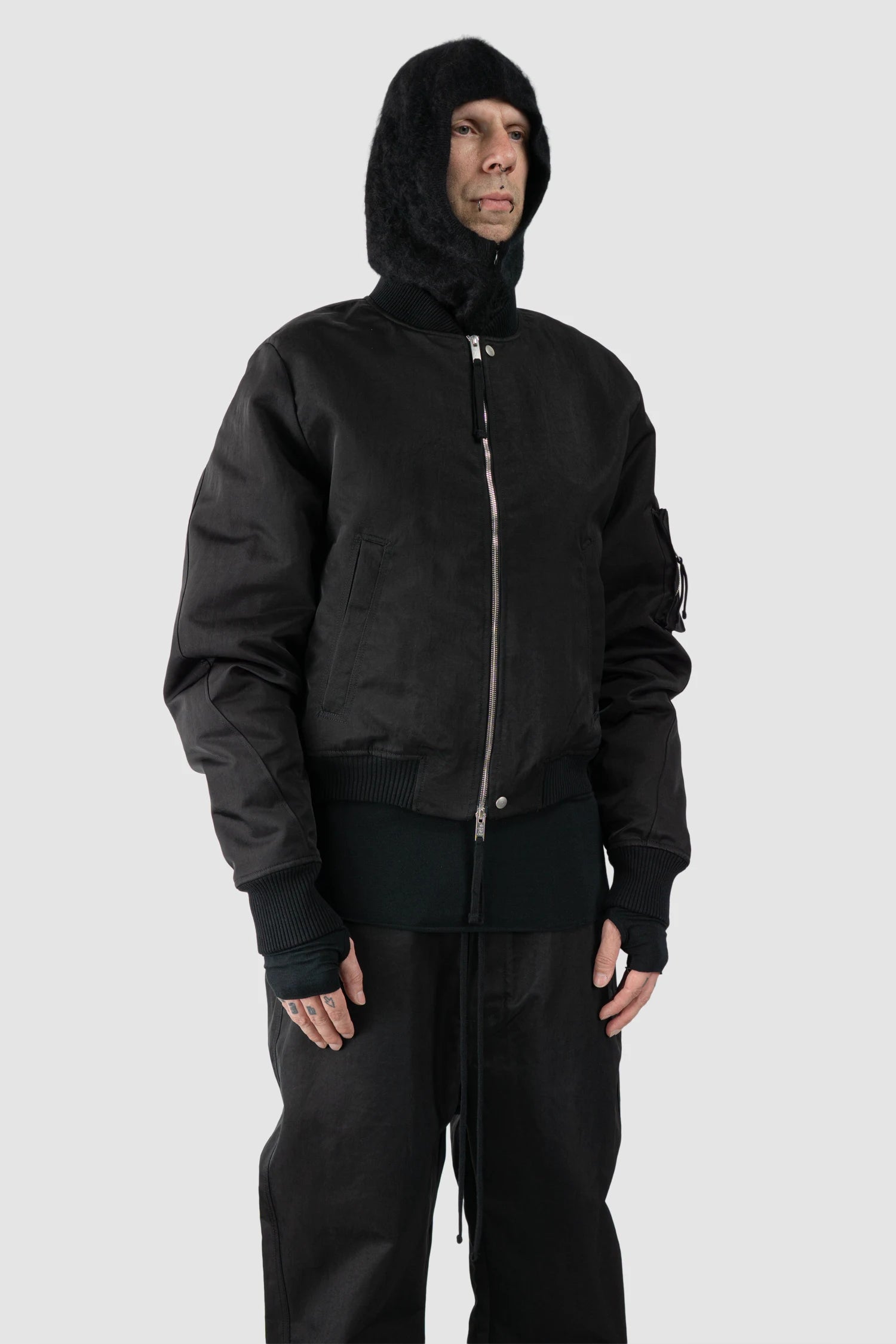 Thom Krom – Men's Black Cashmere Balaclava Zip Hood - model full body left view