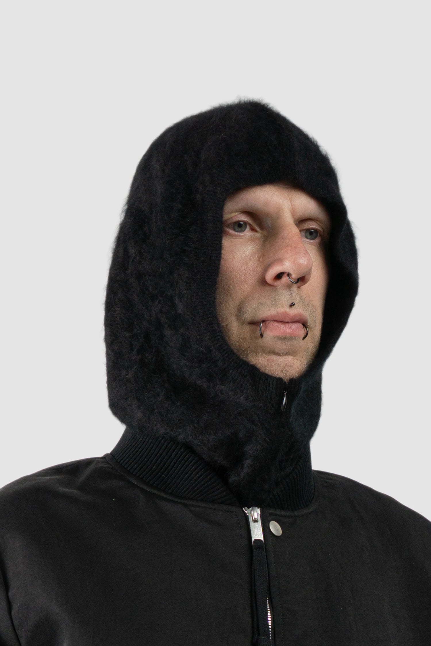 Thom Krom – Men's Black Cashmere Balaclava Zip Hood - model side view
