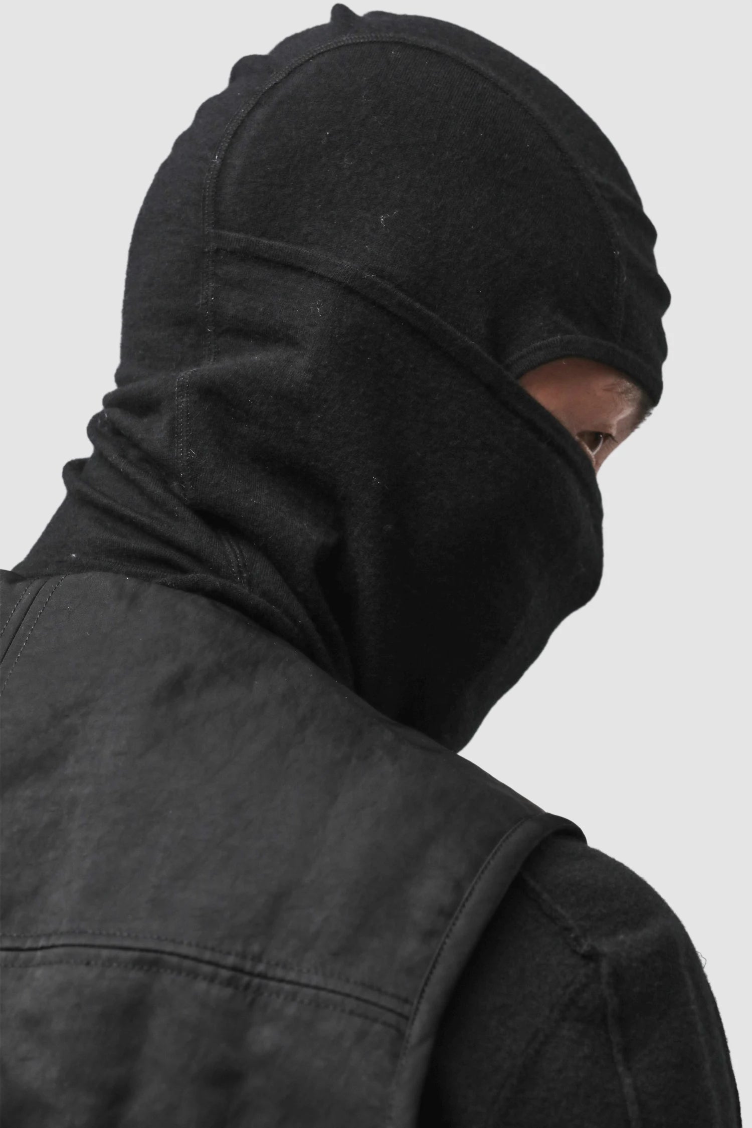 Thom Krom - Men’s Black Cashmere Blend Performance Knit Balaclava Hoodie CAP-M-67 model back view