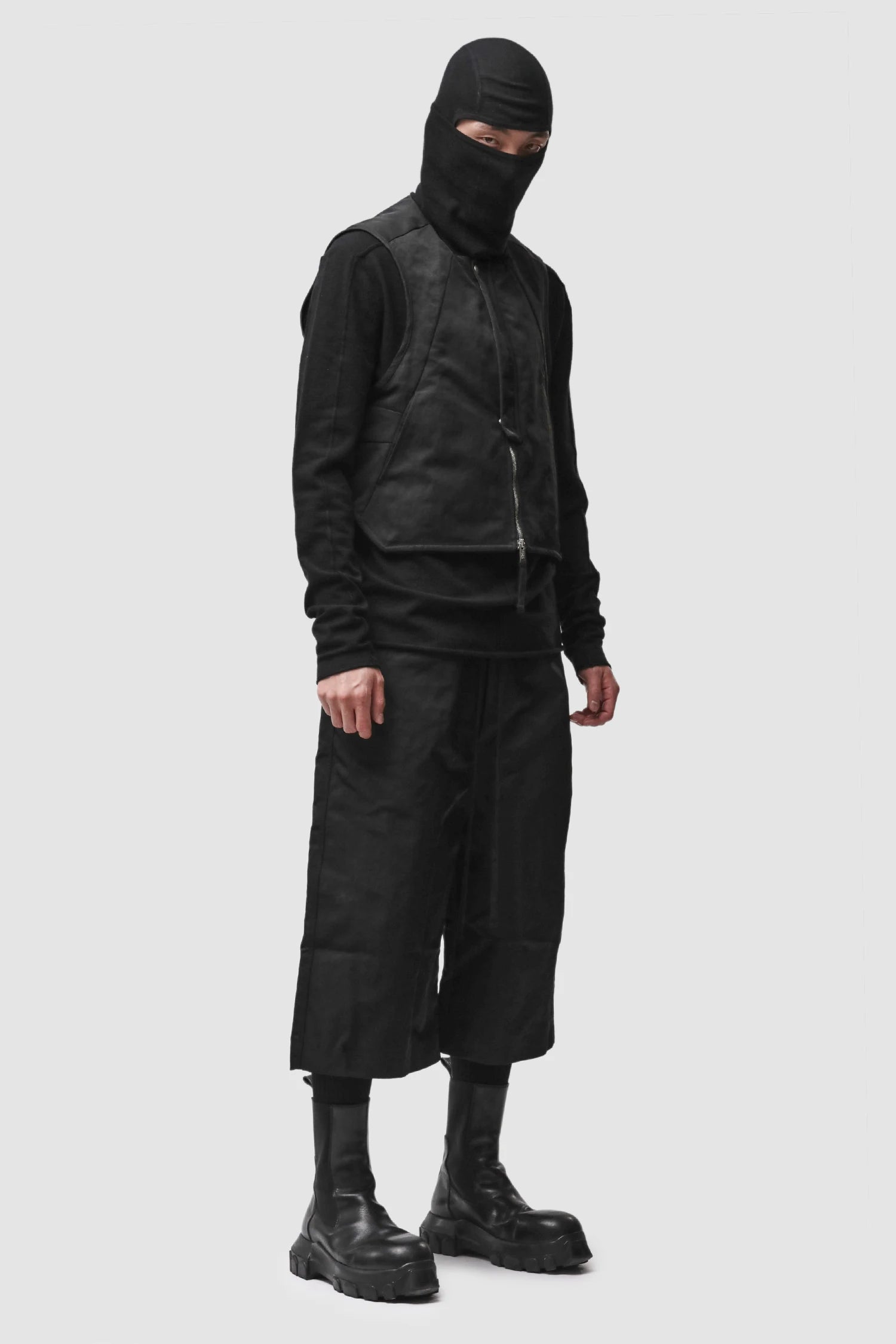 Thom Krom - Men’s Black Cashmere Blend Performance Knit Balaclava Hoodie CAP-M-67 model full front view