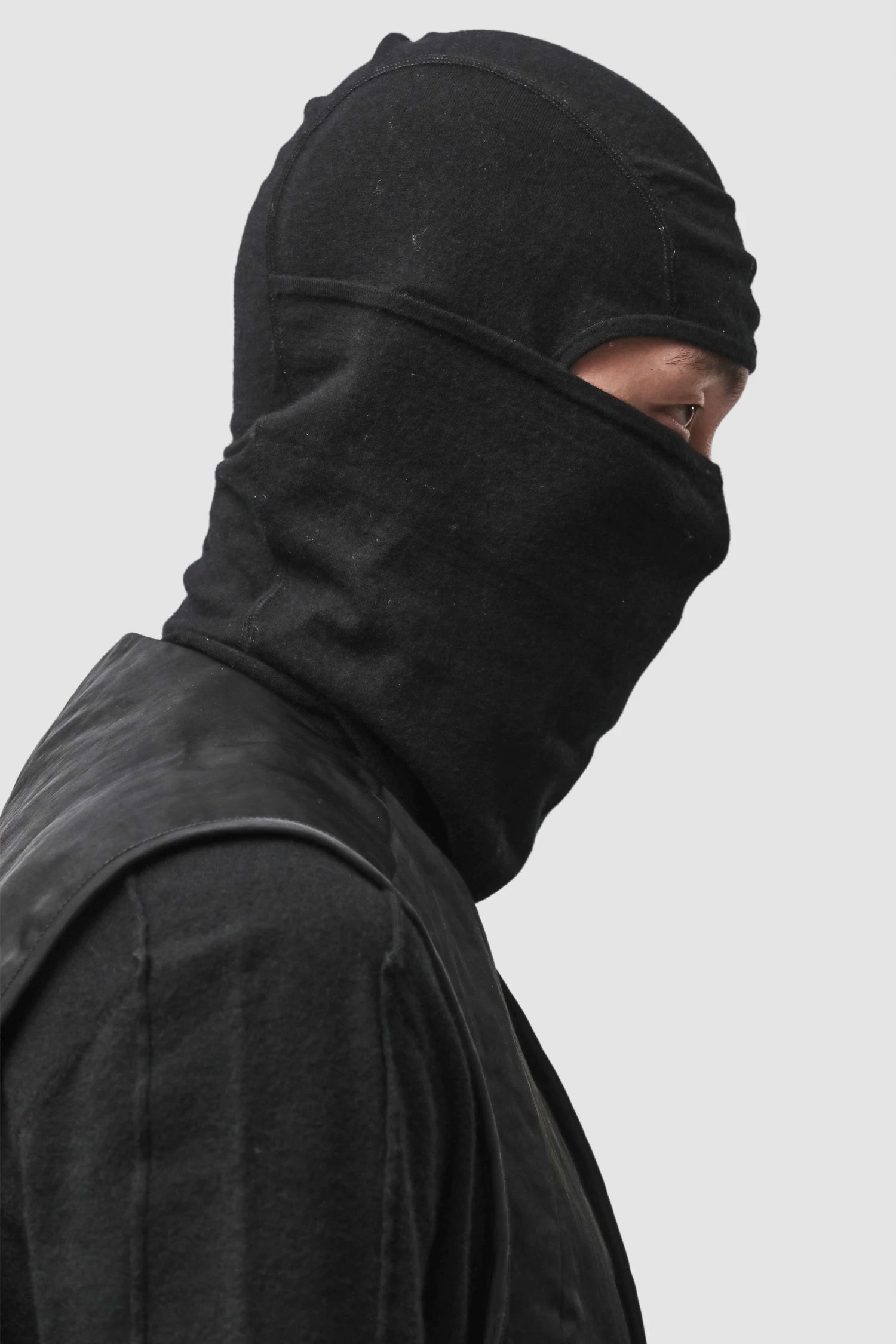 Thom Krom - Men’s Black Cashmere Blend Performance Knit Balaclava Hoodie CAP-M-67 model side view
