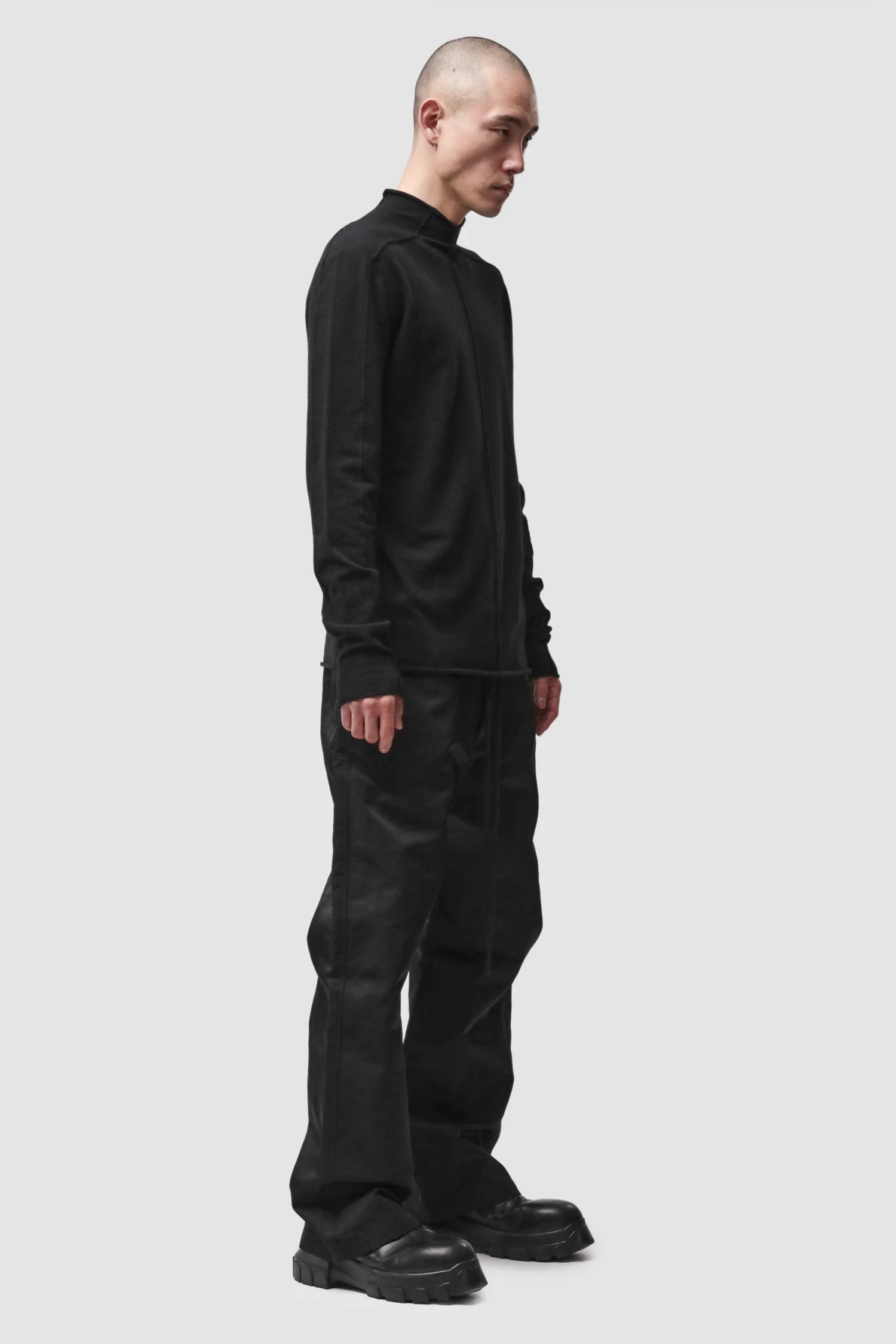 Thom Krom - Men’s Black Cashmere Roll Neck Knit Sweater M-K-130 model full side view