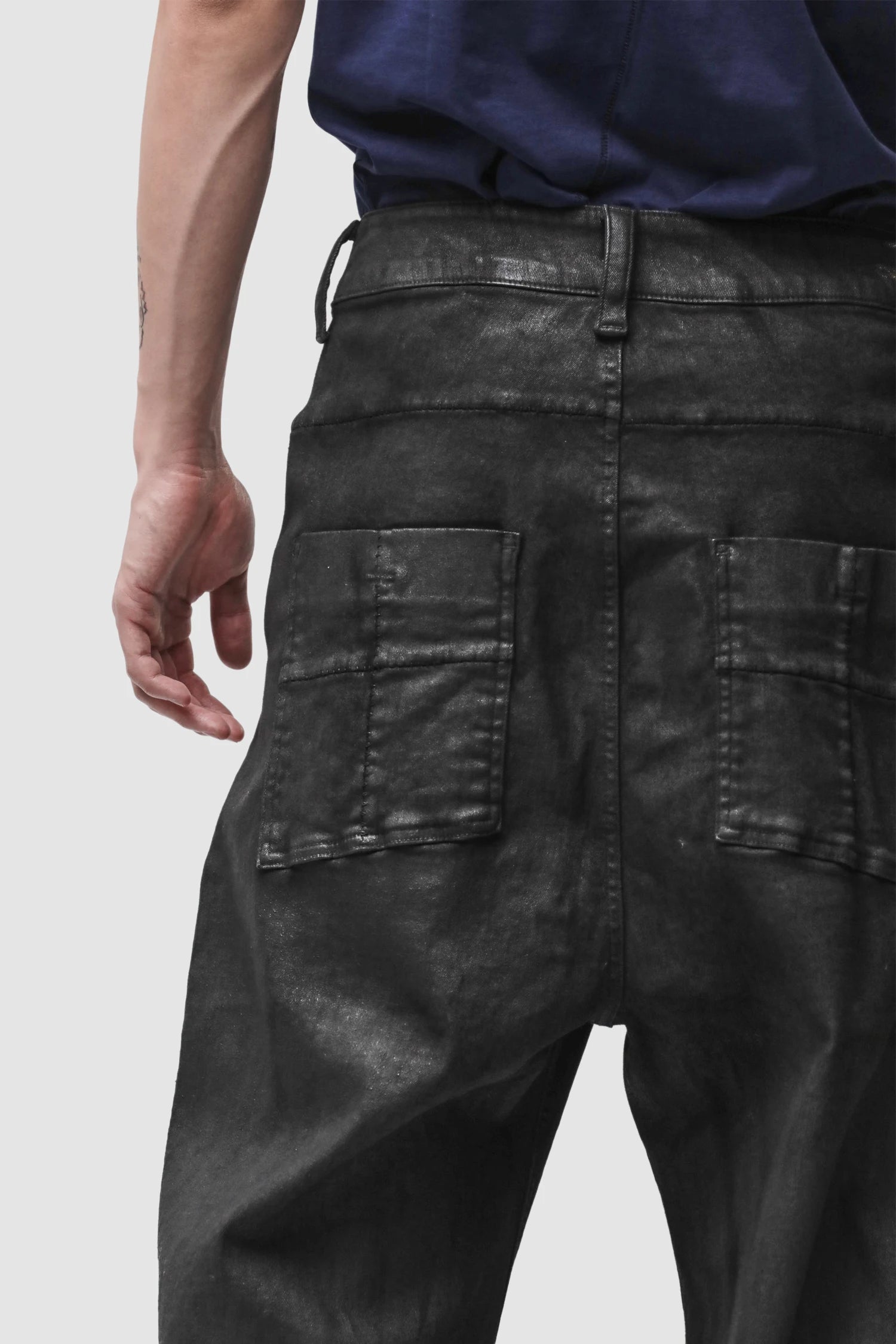 Thom Krom - Men’s Black Coated Wide Leg Denim Jeans M-T-108 back detail view