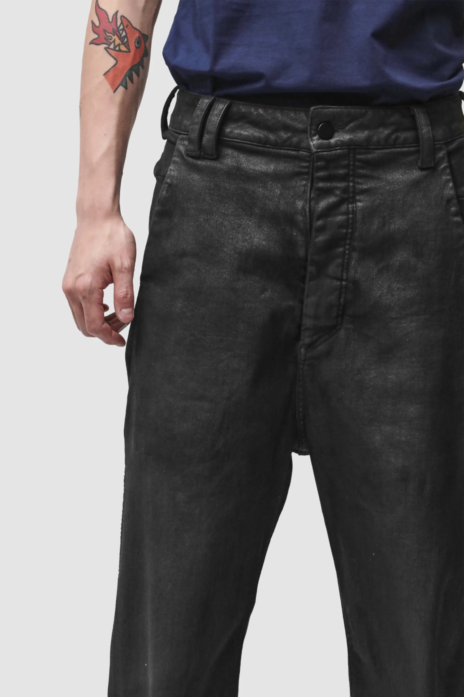 Thom Krom - Men’s Black Coated Wide Leg Denim Jeans M-T-108 front detail view