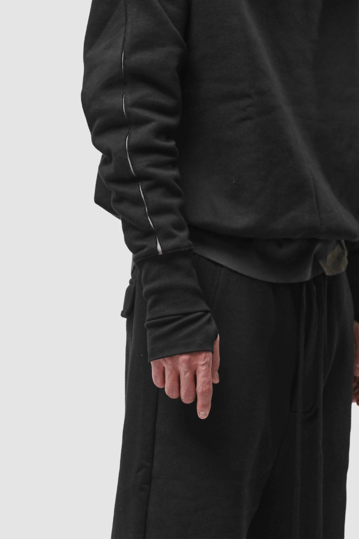 Thom Krom - Men’s Black Contrast Line Cotton Hoodie M-S-193 arm detail view