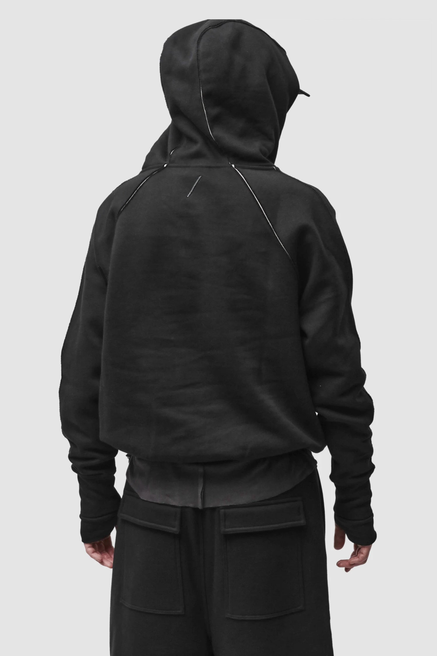 Thom Krom - Men’s Black Contrast Line Cotton Hoodie M-S-193 model back view