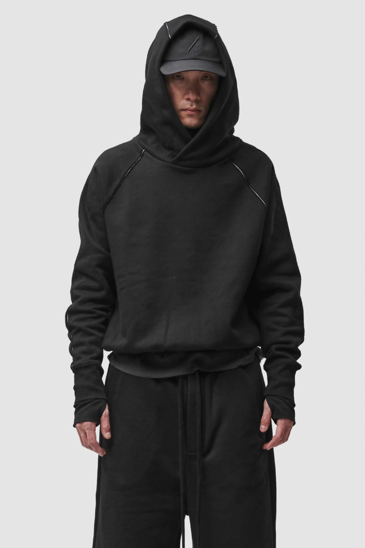 Thom Krom - Men’s Black Contrast Line Cotton Hoodie M-S-193 model front hooded view
