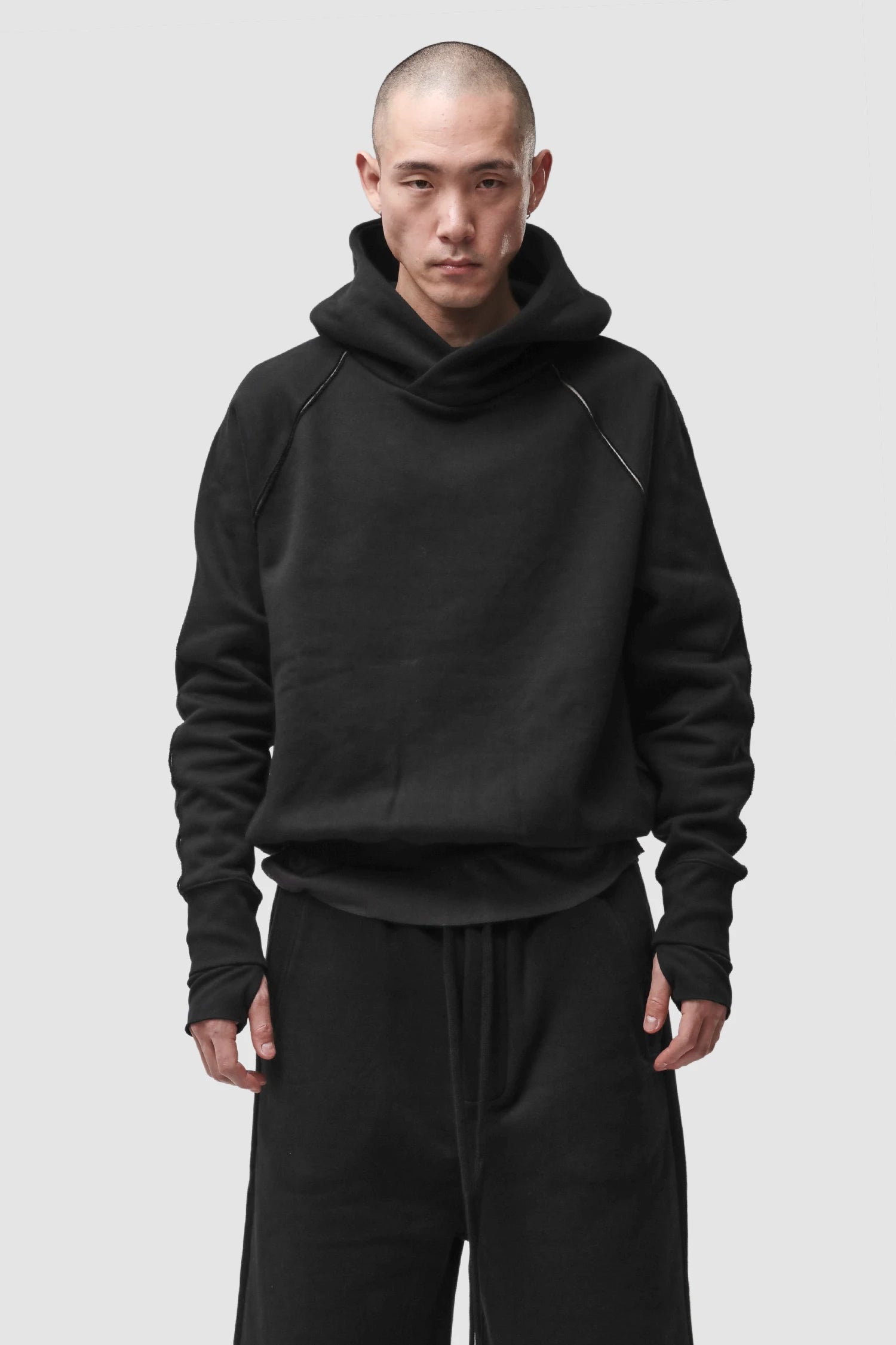 Thom Krom - Men’s Black Contrast Line Cotton Hoodie M-S-193 model front view