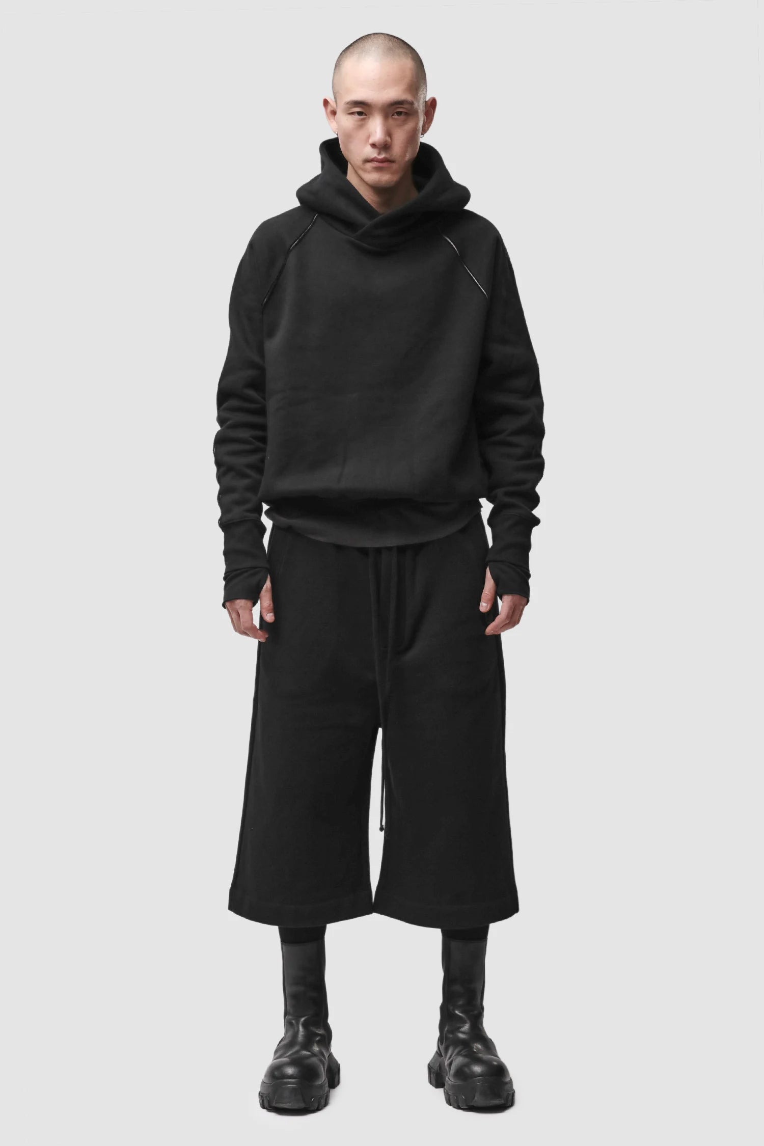 Thom Krom - Men’s Black Contrast Line Cotton Hoodie M-S-193 model full front view