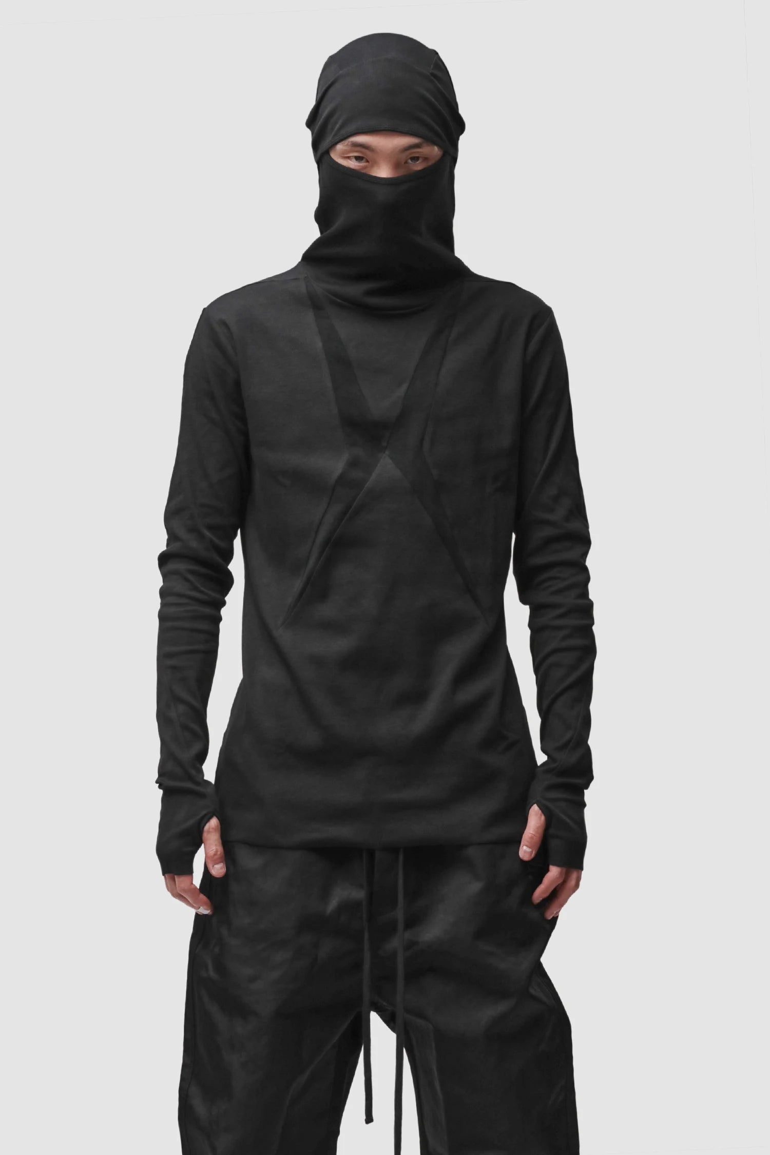 Thom Krom - Men’s Black Cotton Balaclava Hooded Long Sleeve M-TS-985 model front hooded view
