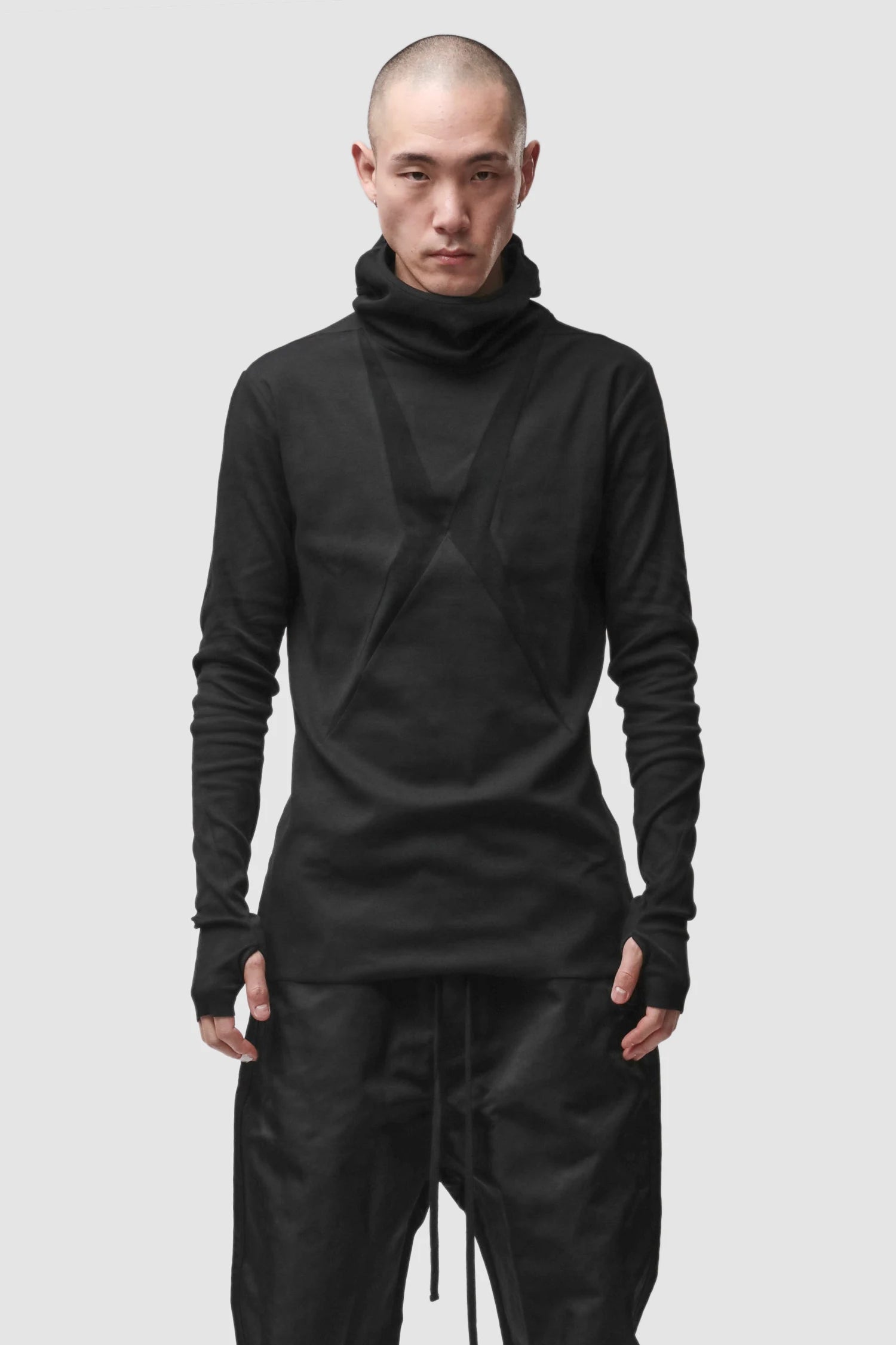 Thom Krom - Men’s Black Cotton Balaclava Hooded Long Sleeve M-TS-985 model front view