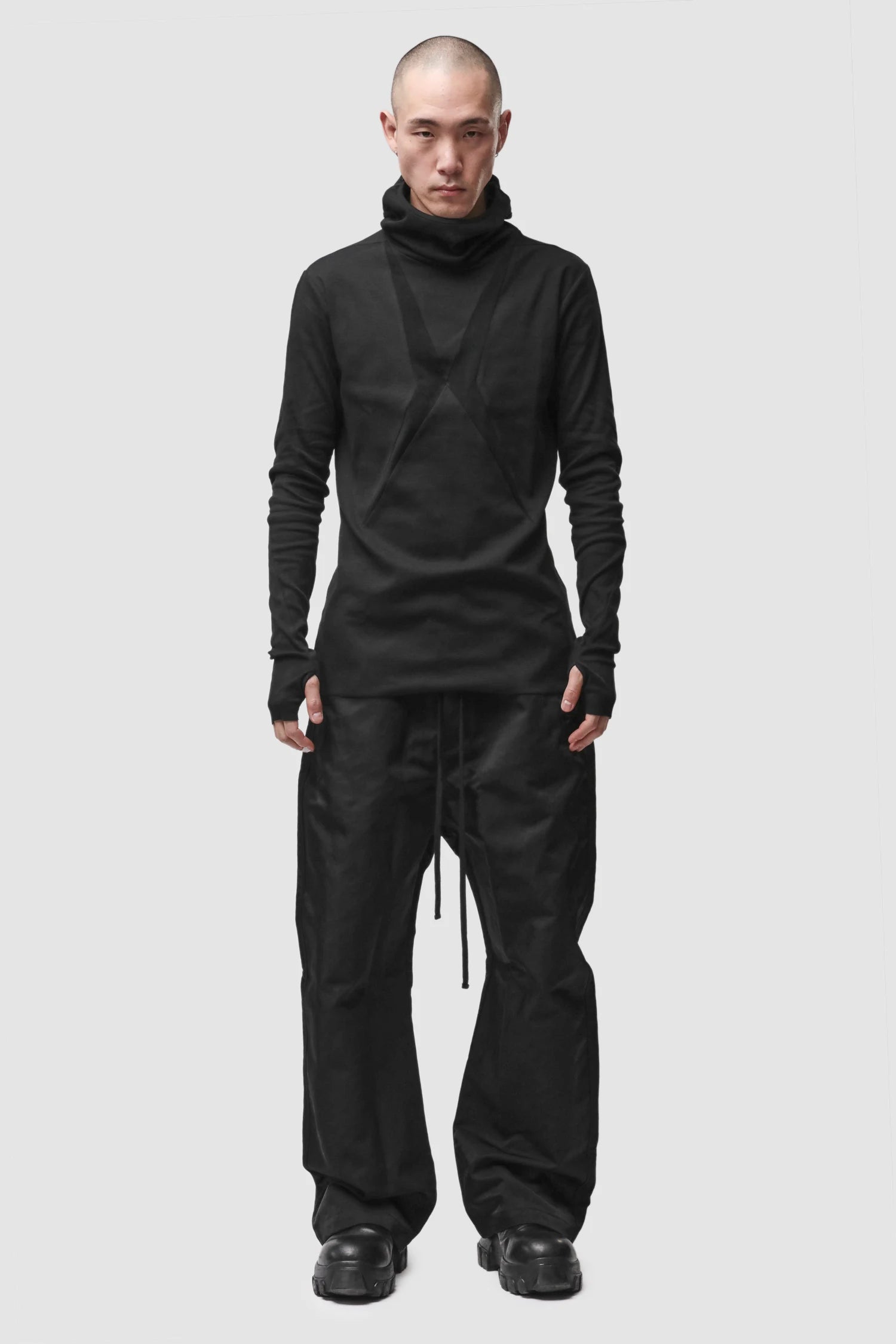 Thom Krom - Men’s Black Cotton Balaclava Hooded Long Sleeve M-TS-985 model full front view