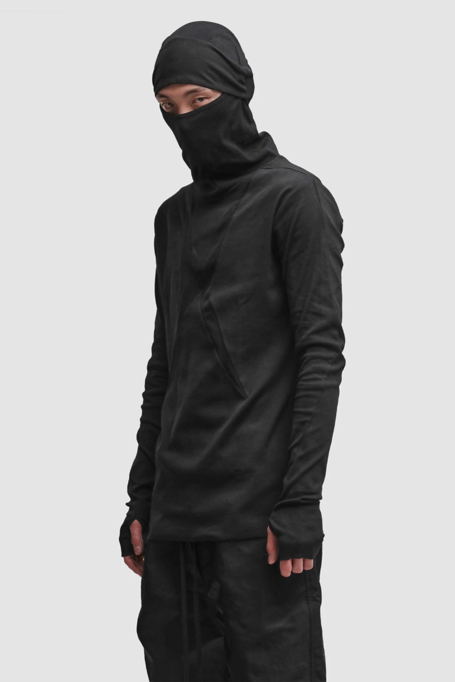 Thom Krom - Men’s Black Cotton Balaclava Hooded Long Sleeve M-TS-985 model side hooded view