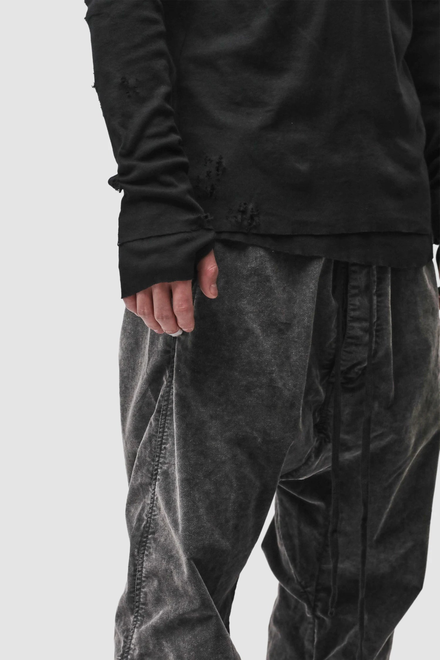 Thom Krom - Men’s Black Destroyed Double Layer Long Sleeve M-TS-969 cuff detail view