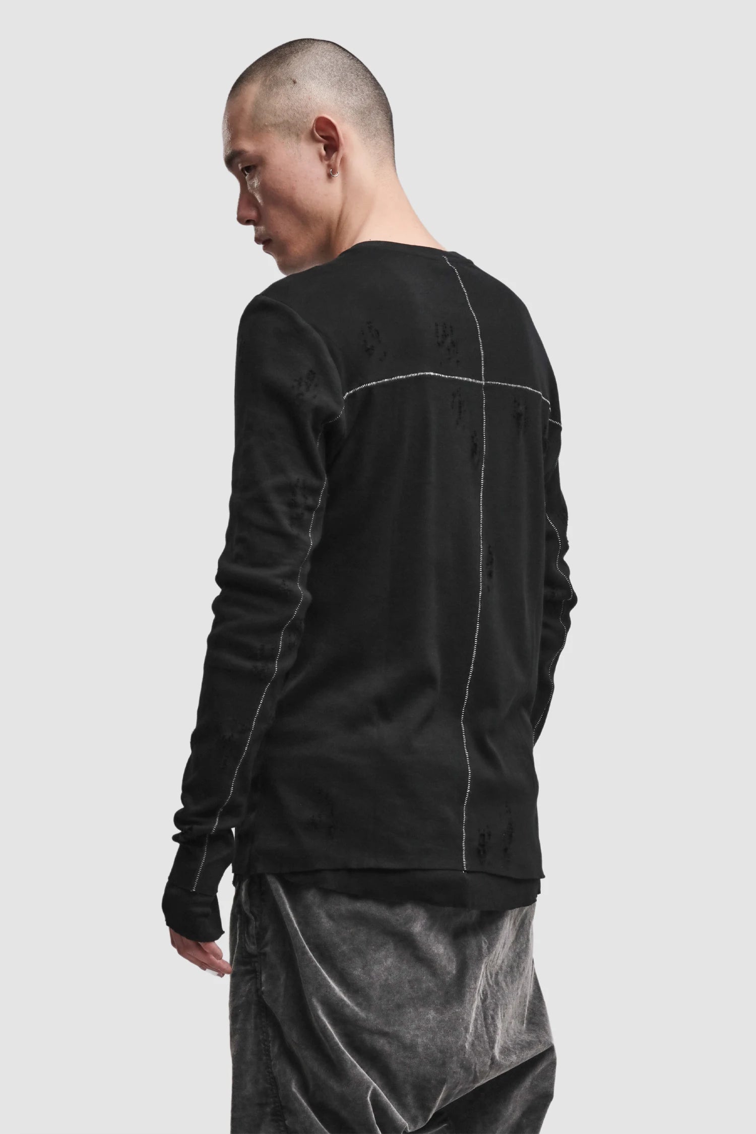 Thom Krom - Men’s Black Destroyed Double Layer Long Sleeve M-TS-969 model side view