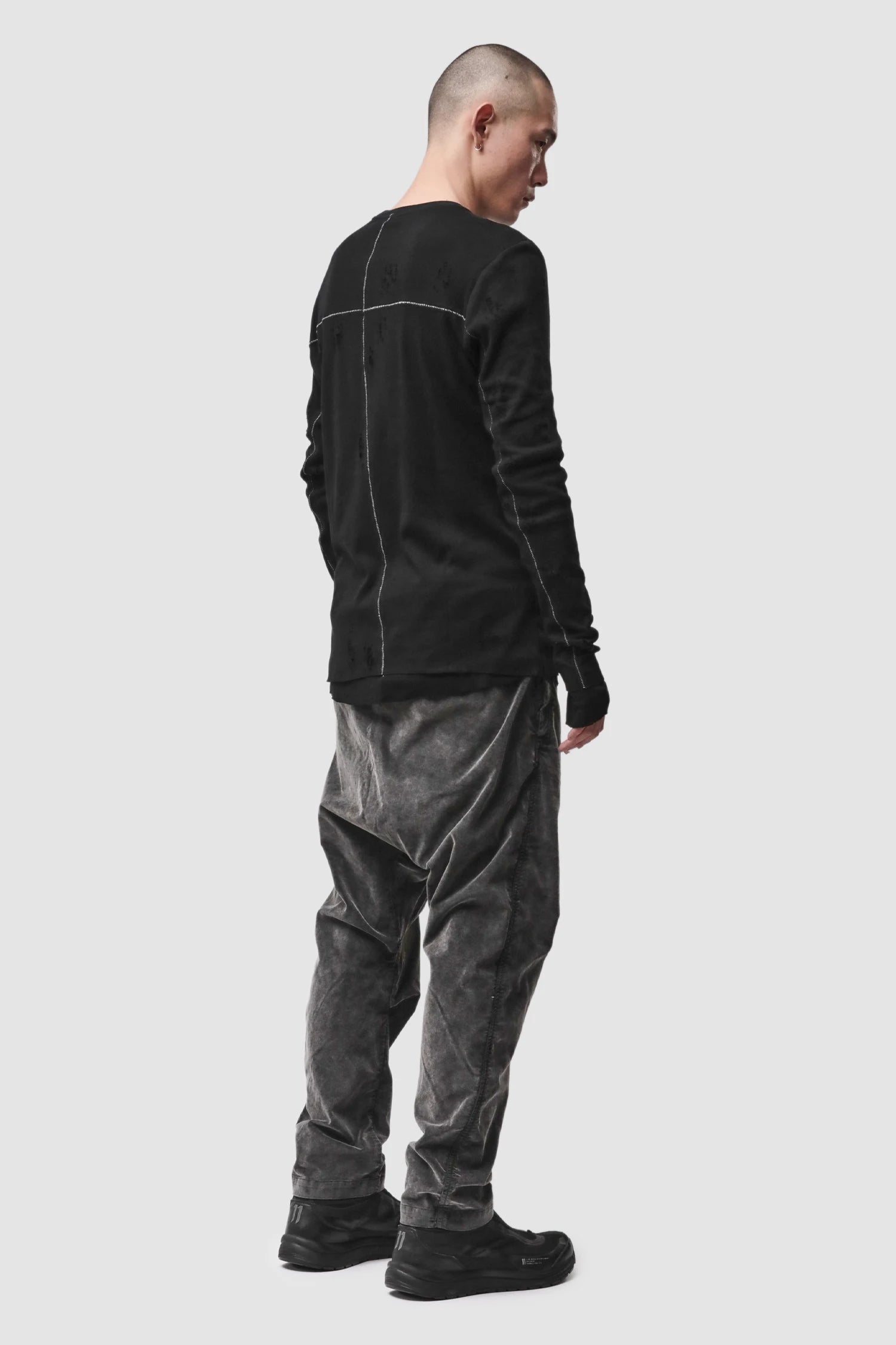 Thom Krom - Men’s Black Destroyed Double Layer Long Sleeve M-TS-969 model full side view