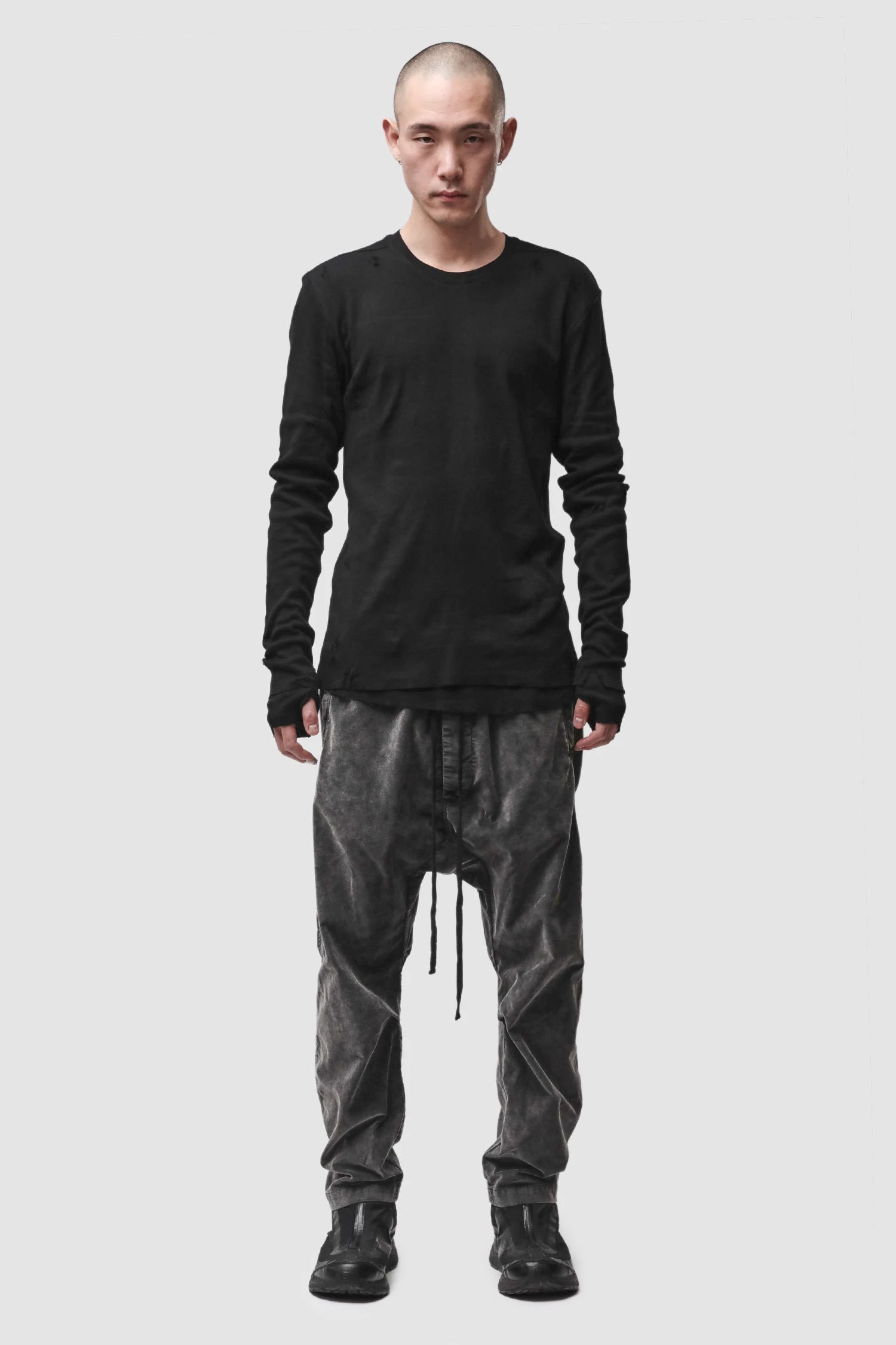 Thom Krom - Men’s Black Destroyed Double Layer Long Sleeve M-TS-969 model full front view