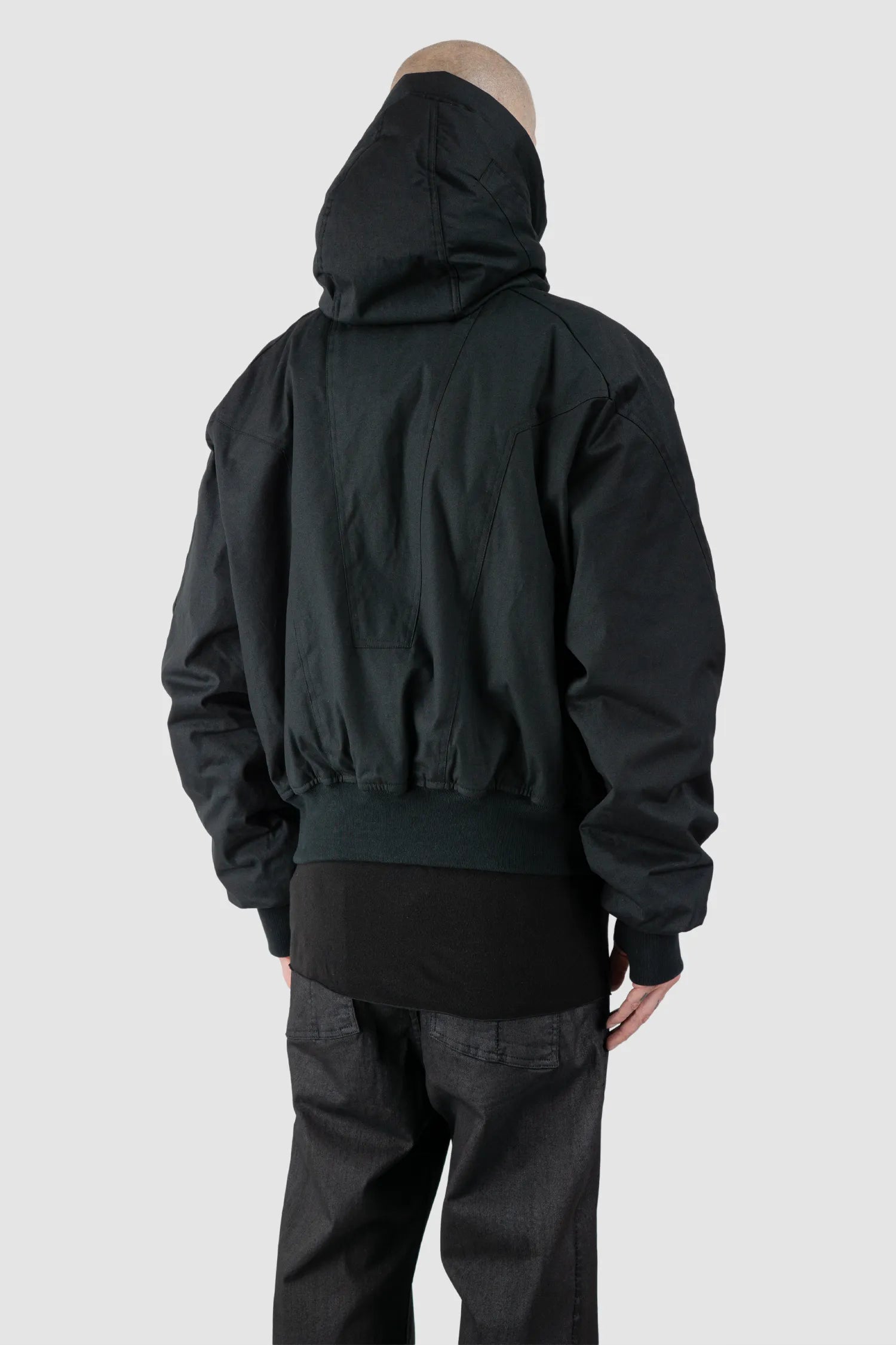 Thom/Krom - Men's Black Hooded Cotton Bomber Jacket - model back side view