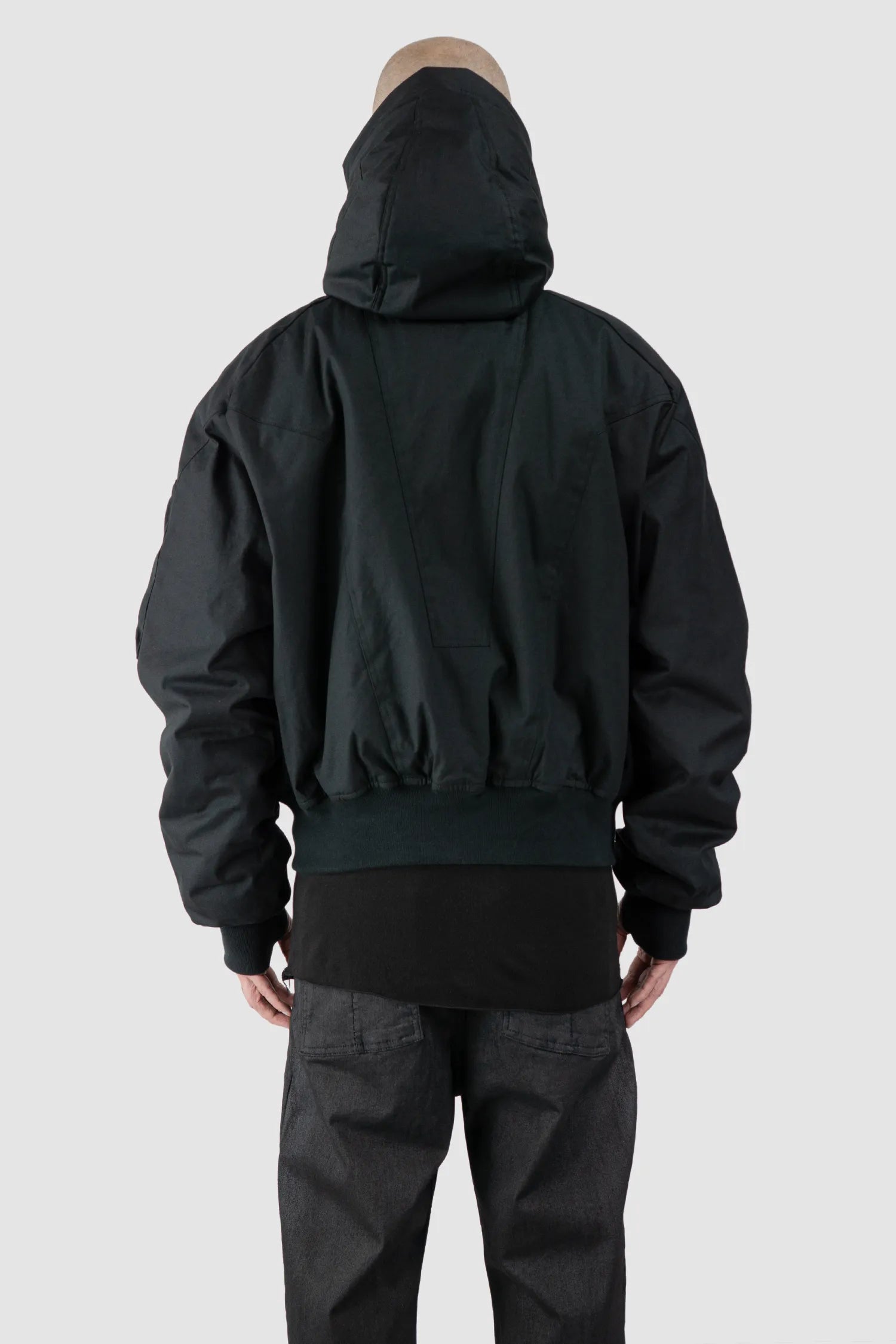 Thom/Krom - Men's Black Hooded Cotton Bomber Jacket - model back view