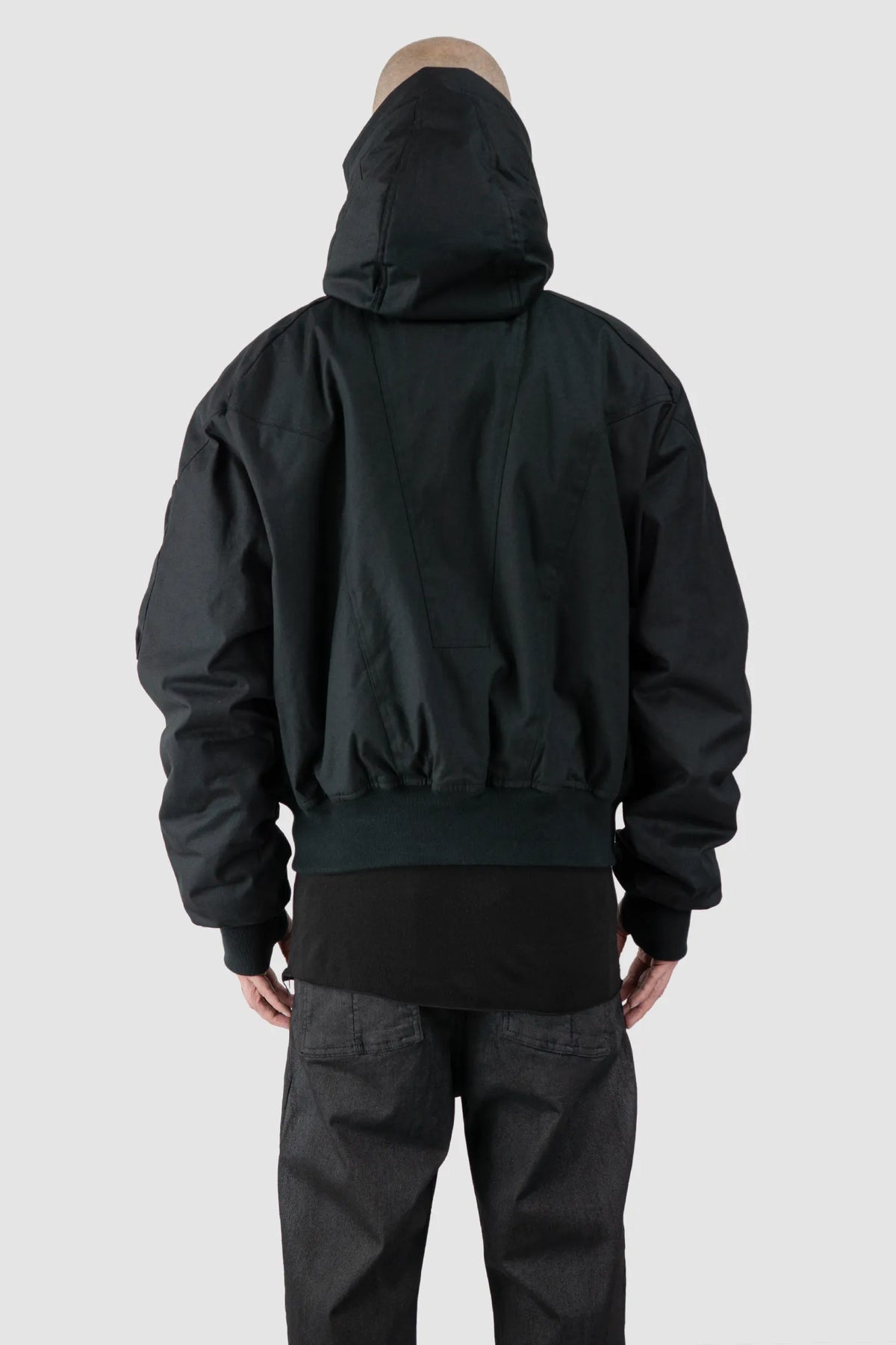 Thom/Krom - Men's Black Hooded Cotton Bomber Jacket - model back view