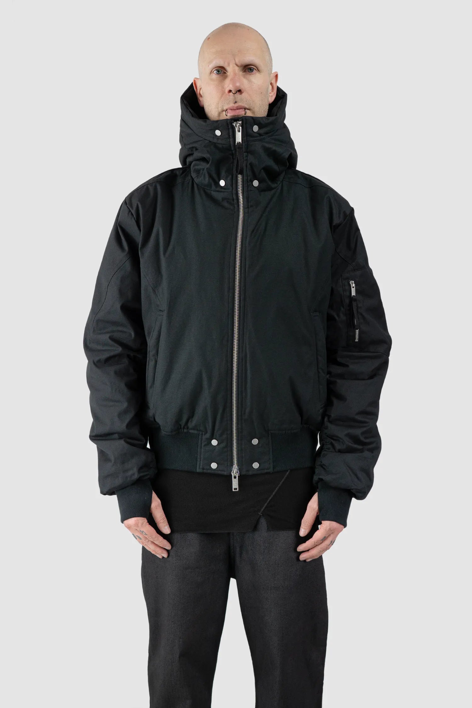 Thom/Krom - Men's Black Hooded Cotton Bomber Jacket - model front view - MONO-KROM | Gallery