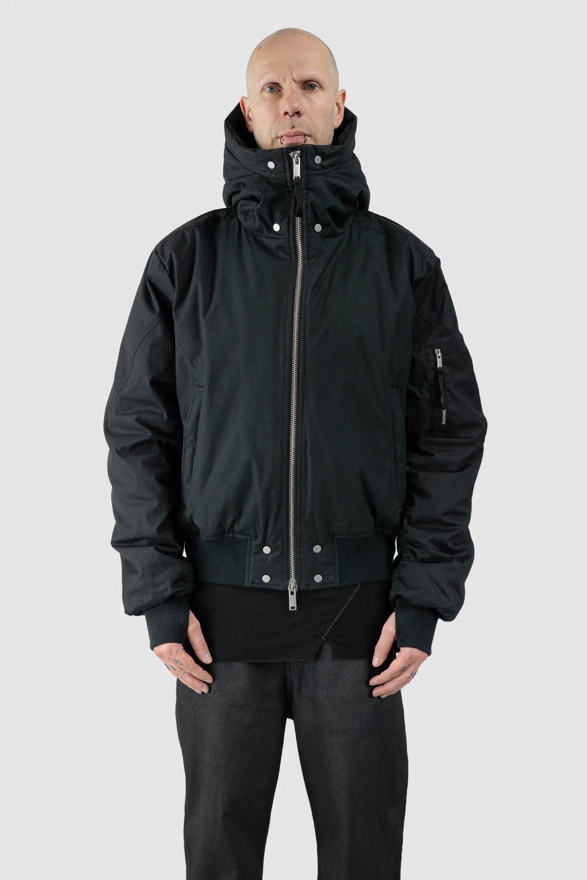 Thom/Krom - Men's Black Hooded Cotton Bomber Jacket - model front view - MONO-KROM | Gallery