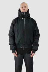Thom/Krom - Men's Black Hooded Cotton Bomber Jacket - model front view - MONO-KROM | Gallery