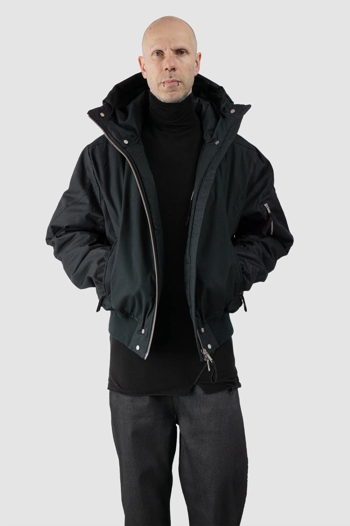 Thom/Krom - Men's Black Hooded Cotton Bomber Jacket - model relaxed open view