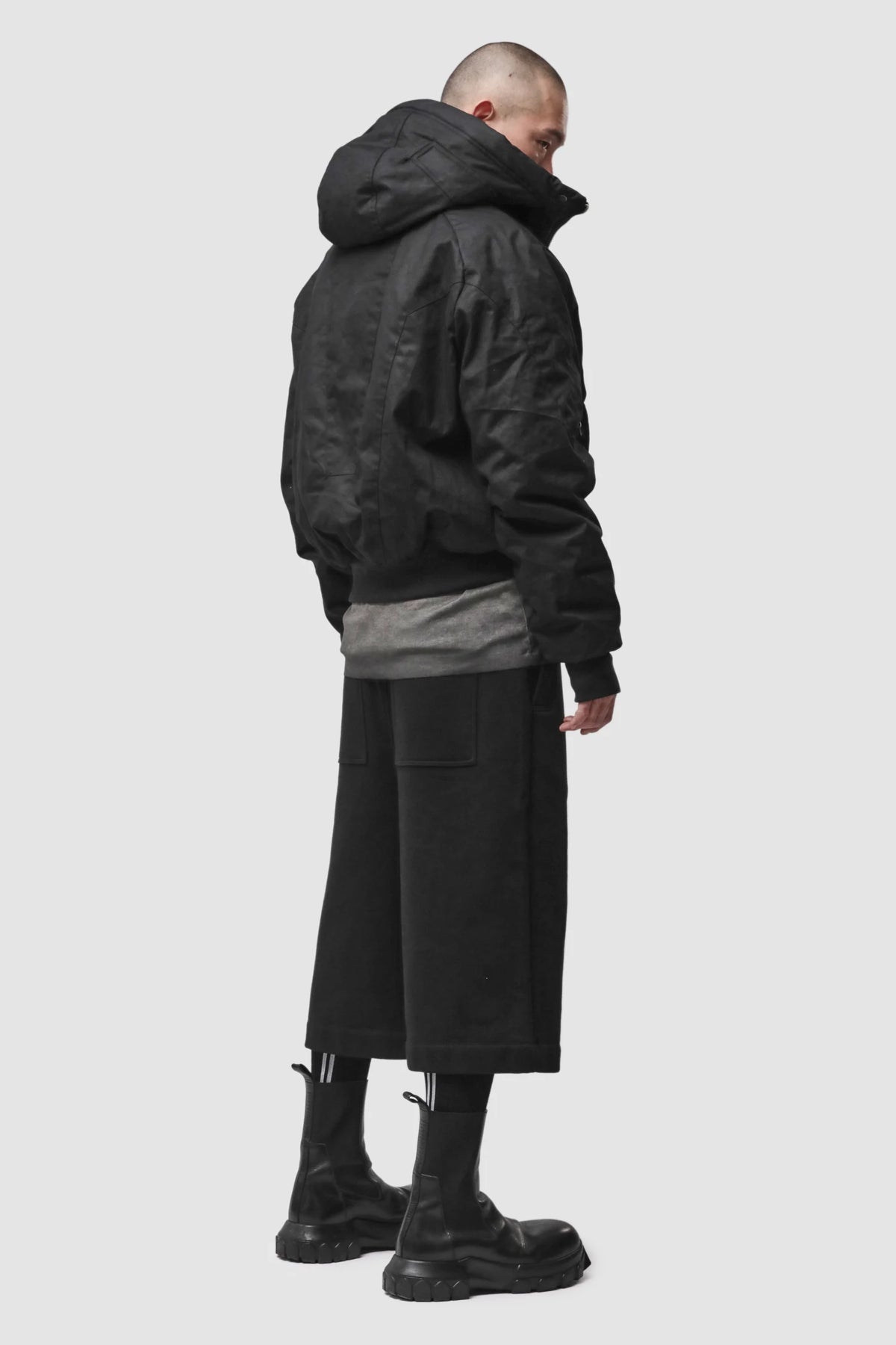 Thom Krom - Men’s Black Hooded Cotton Bomber Jacket M-J-89 model back side view