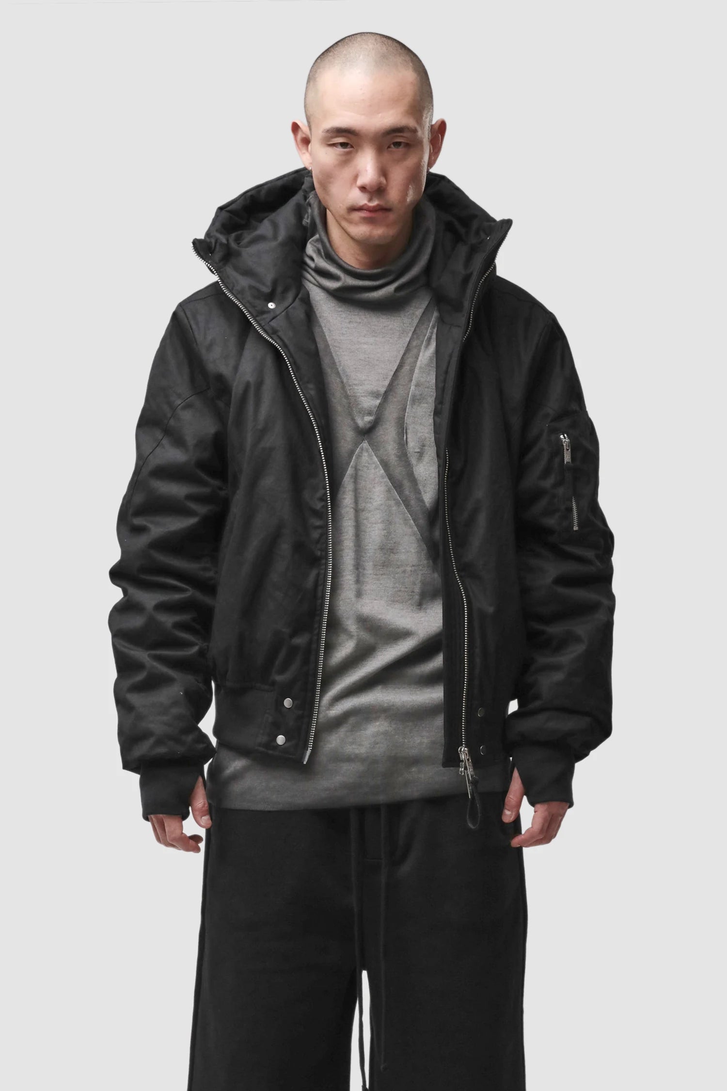 Thom Krom - Men’s Black Hooded Cotton Bomber Jacket M-J-89 model front view