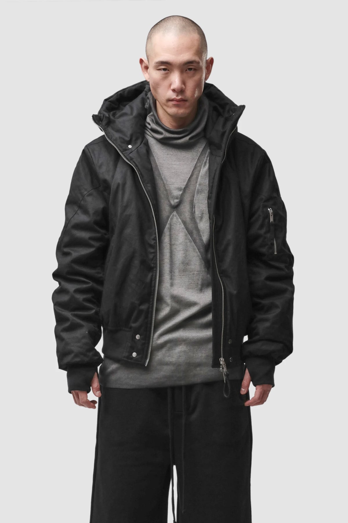 Thom Krom - Men’s Black Hooded Cotton Bomber Jacket M-J-89 model front view